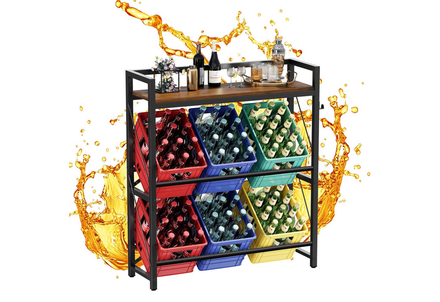 YOUDENOVA Flaschenregal Getränkekistenregal für 6 Kisten aus Metall, 104 x 32 x 117 cm, 1-tlg., Multifunktionales Küchenregal mit MDF-Ablage, bis 150 kg Tragkraft