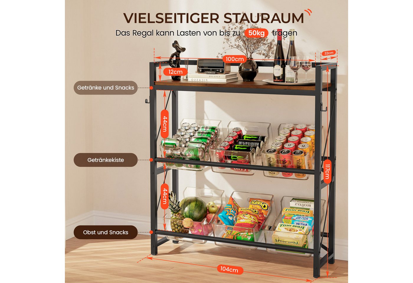 YOUDENOVA Flaschenregal Getränkekistenregal für 6 Kisten aus Metall, 104 x 32 x 117 cm, 1-tlg., Multifunktionales Küchenregal mit MDF-Ablage, bis 150 kg Tragkraft Bild 2