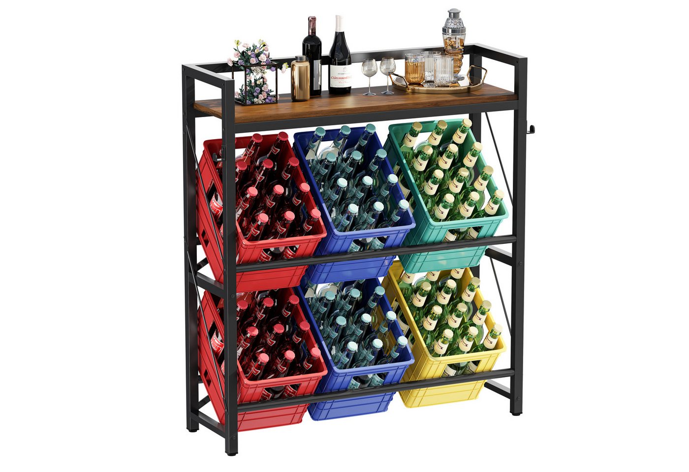 YOUDENOVA Flaschenregal Getränkekistenregal für 6 Kisten aus Metall, 104 x 32 x 117 cm, 1-tlg., Multifunktionales Küchenregal mit MDF-Ablage, bis 150 kg Tragkraft Bild 3