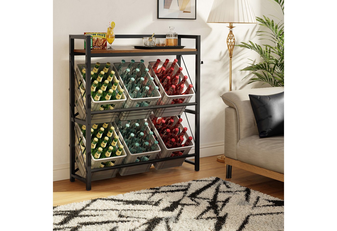YOUDENOVA Flaschenregal Getränkekistenregal für 6 Kisten aus Metall, 104 x 32 x 117 cm, 1-tlg., Multifunktionales Küchenregal mit MDF-Ablage, bis 150 kg Tragkraft Bild 4