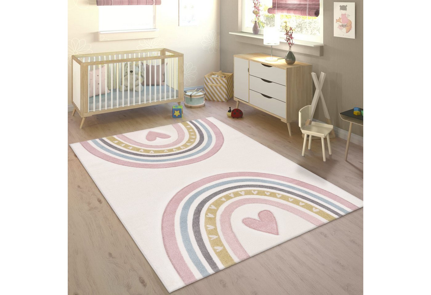 KADIMA DESIGN Kinderteppich Regenbogen mit Herz Kinderzimmer schmutzabweisend Teppich Kinder, Rechteckig, Höhe: 16 mm, Florhöhe: 12 mm, 100% Polypropylen, Rechteckig, 140x200cm, Pink Bild 4