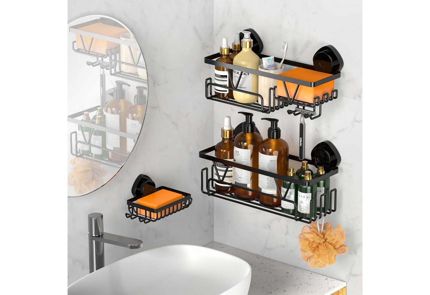 LuxusKollektion Duschablage Duschablage Saugnapf Ohne Bohren 3 Stück Duschablage Saugnapf Schwarz Bild 5