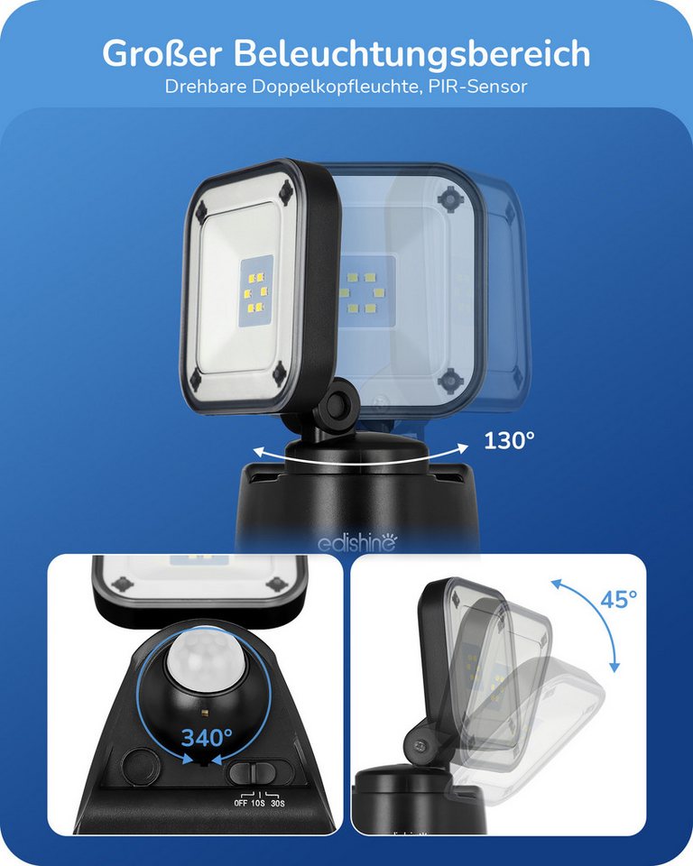 EDISHINE LED Wandstrahler mit Bewegungsmelder Außen, Batterie Strahler, LED fest integriert, IP44, Verstellbar Bild 5
