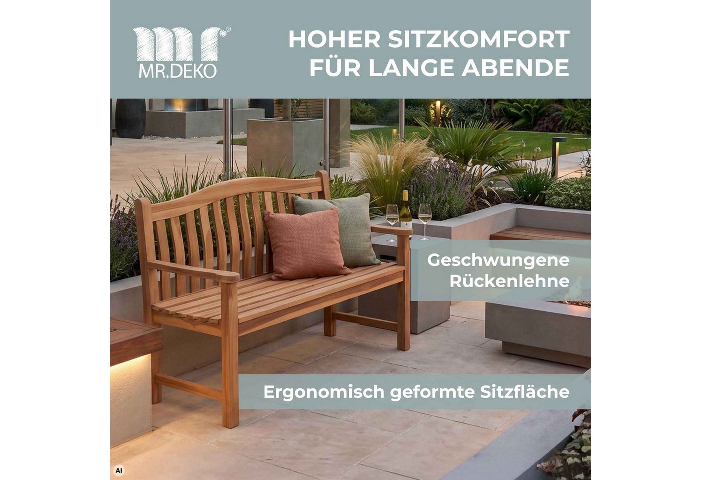 MR.DEKO Gartenbank Holzbank Gartenbank Korfu Teak Wetterfest 2-Sitzer (2-Sitzer Bank, zerlegt geliefert, ideal für Terrasse, 1-St), Massive Sitzbank Garten und Balkon, 250 kg belastbar