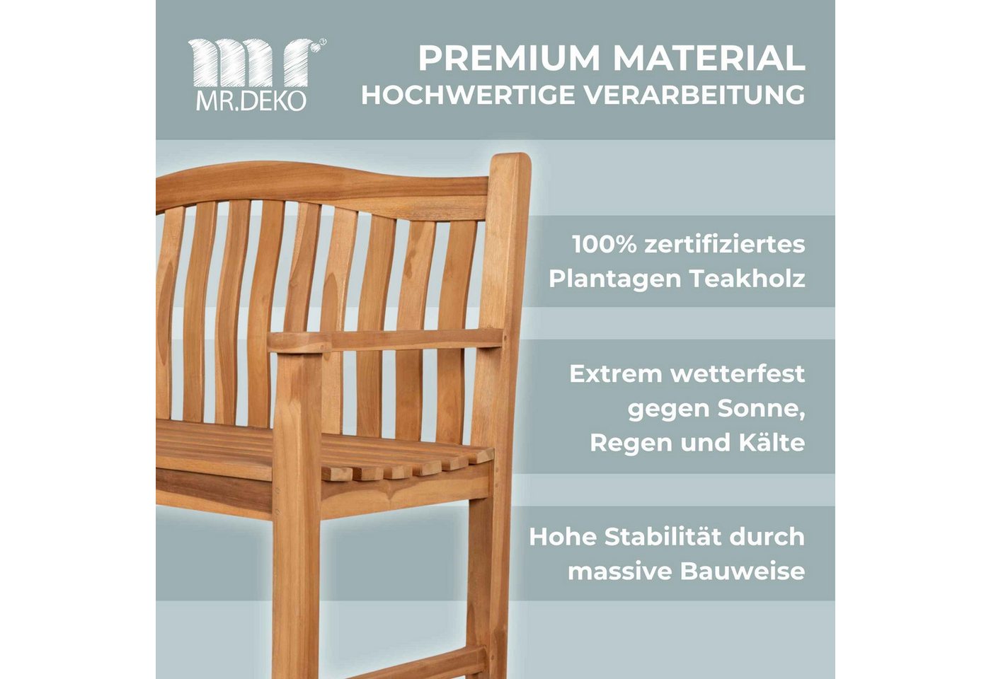 MR.DEKO Gartenbank Holzbank Gartenbank Korfu Teak Wetterfest 2-Sitzer (2-Sitzer Bank, zerlegt geliefert, ideal für Terrasse, 1-St), Massive Sitzbank Garten und Balkon, 250 kg belastbar Bild 2