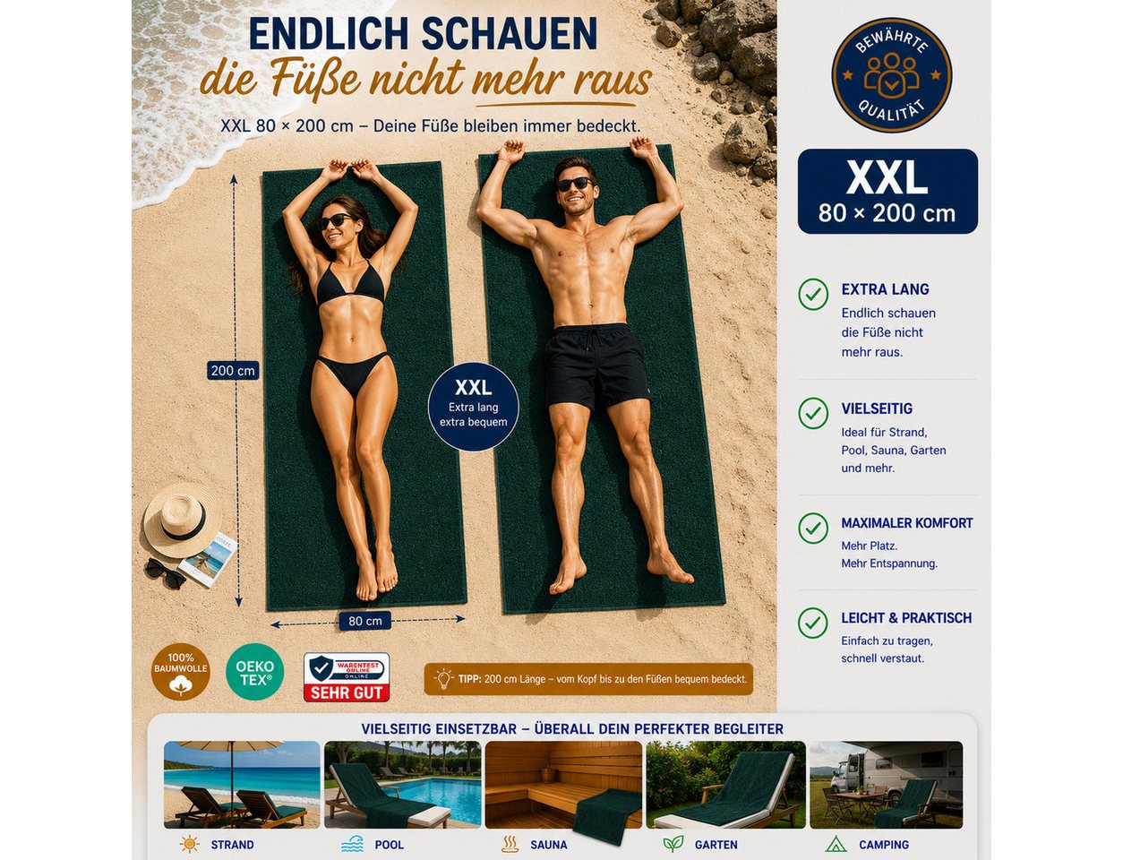Komfortec Saunatuch Premium XXL Saunatuch 4er Set - 80x200 cm, Frottee (Set, 4-St), extra Große, XXL Saunatuch, 100% Baumwolle, Weich, Schnelltrocknend Bild 4