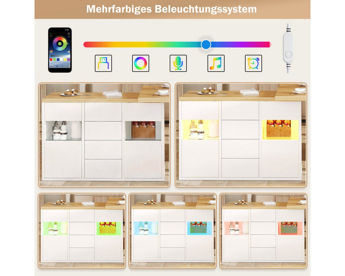 Odikalo Kücheninsel mit LED, 4 große Schubladen & verstellbare Einlegeböden, (360° drehbare Kücheninsel mit App-gesteuerter RGB-LED 120–197cm, Glastüren)