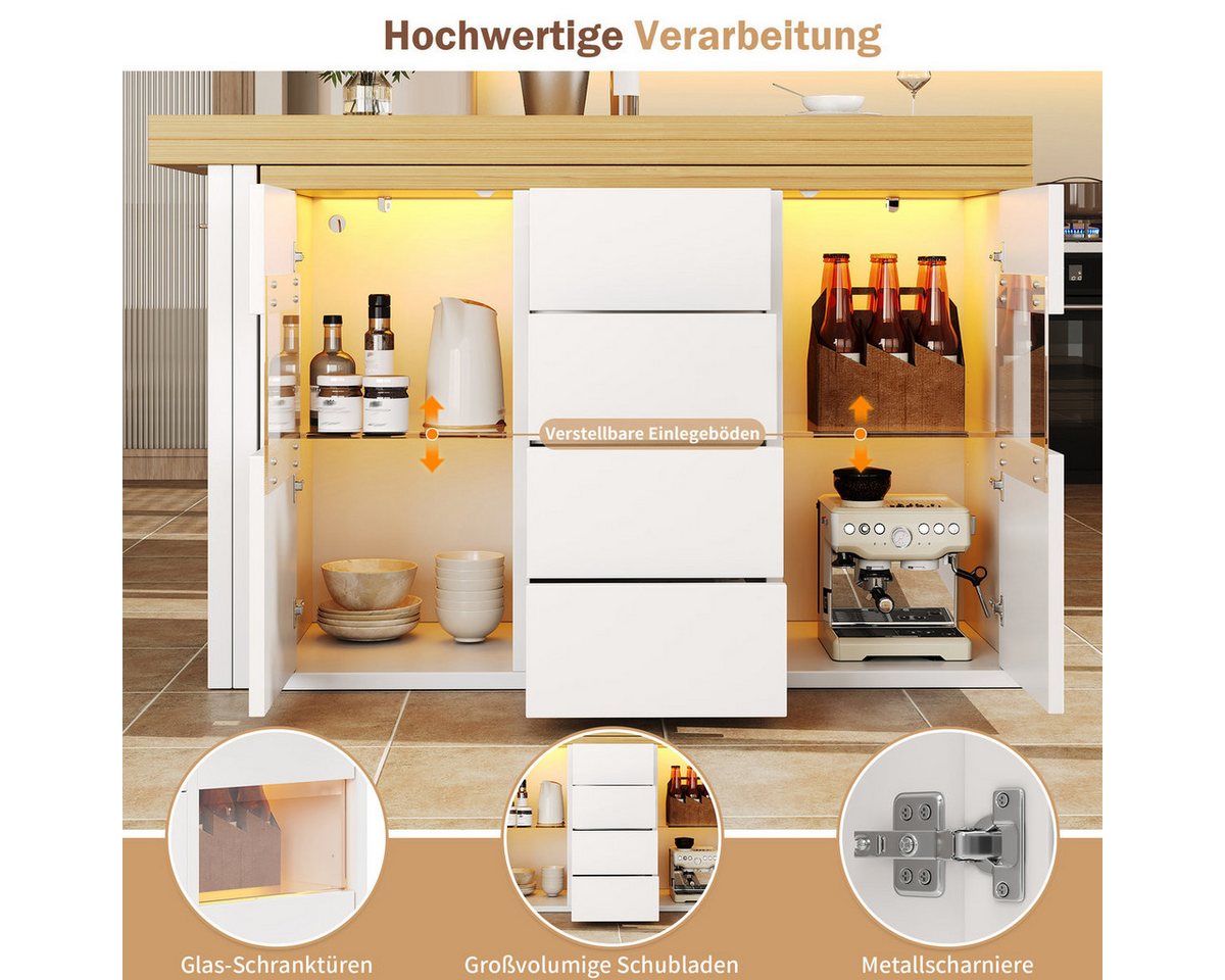 Odikalo Kücheninsel mit LED, 4 große Schubladen & verstellbare Einlegeböden, (360° drehbare Kücheninsel mit App-gesteuerter RGB-LED 120–197cm, Glastüren) Bild 3