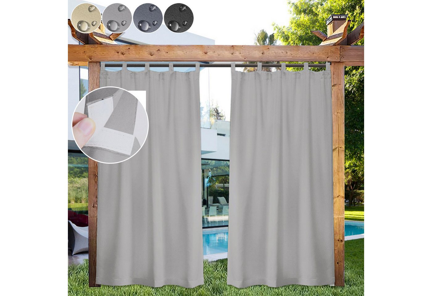 Lapamax Outdoorvorhang Wasserfest Sonnenschutz Winddicht Gardine mit Klettband, 1/2 Stück (1 St), Schlaufen, Polyester, UV-Schutz Outdoor gardinen, für Balkon Terrasse Pergola Pavillon Bild 5