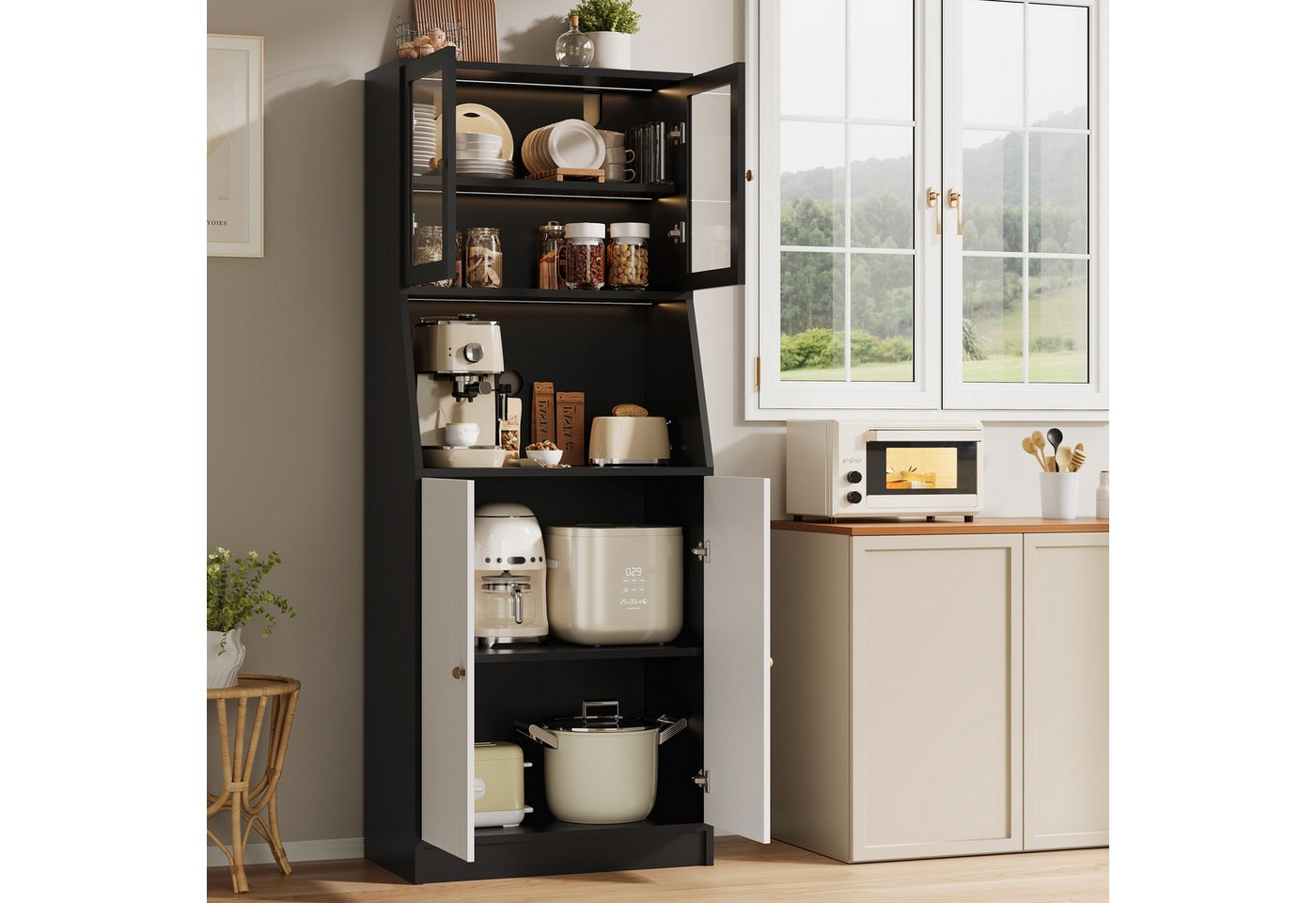 BELUPAI Küchenbuffet Hochschrank mit Glastüren and LED-Beleuchtung (Set, 1-St., Hoher Buffetschrank Weinschrank mit Verstellbaren Einlegeböden) Vorratsschrank für Küche, Wohnzimmer, Esszimmer, 180x70x40cm, Schwarz