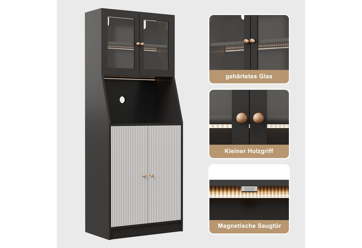 BELUPAI Küchenbuffet Hochschrank mit Glastüren and LED-Beleuchtung (Set, 1-St., Hoher Buffetschrank Weinschrank mit Verstellbaren Einlegeböden) Vorratsschrank für Küche, Wohnzimmer, Esszimmer, 180x70x40cm, Schwarz Bild 2