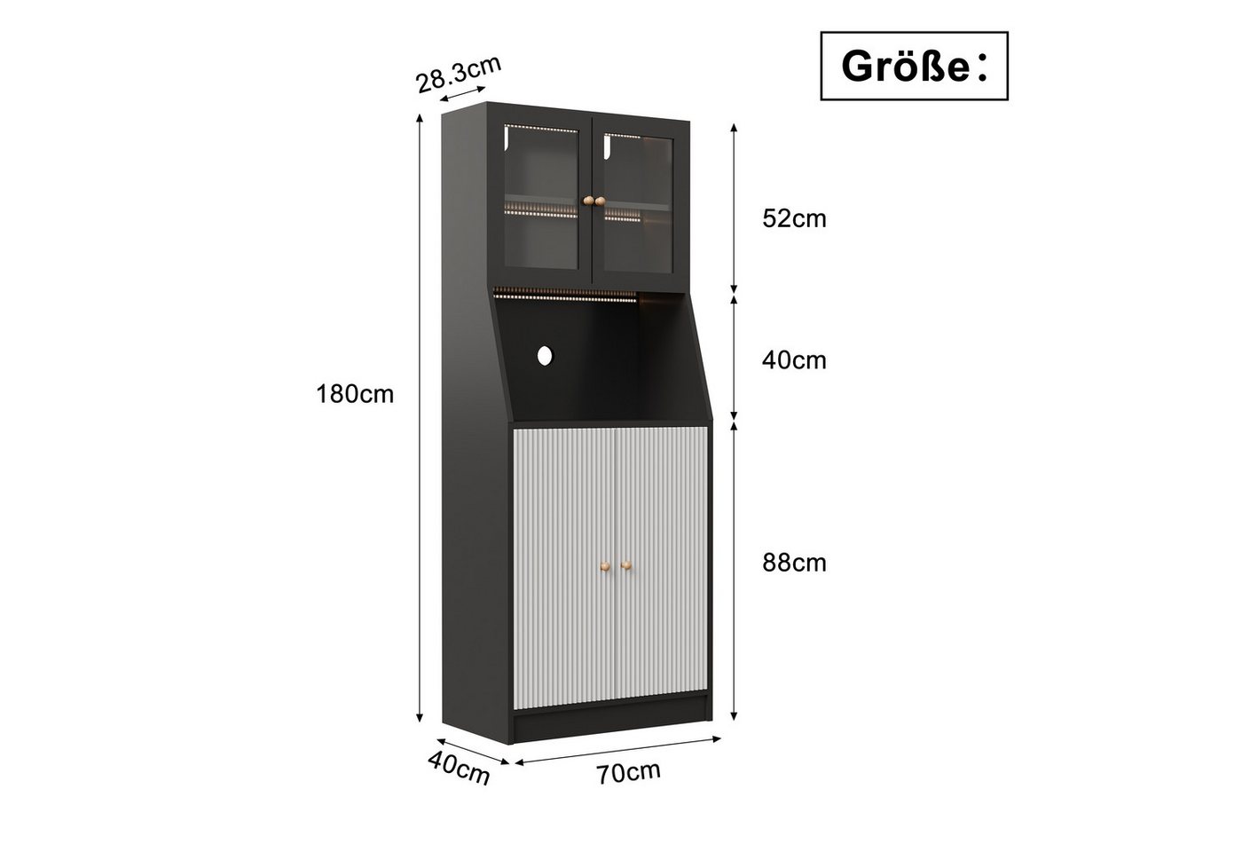 BELUPAI Küchenbuffet Hochschrank mit Glastüren and LED-Beleuchtung (Set, 1-St., Hoher Buffetschrank Weinschrank mit Verstellbaren Einlegeböden) Vorratsschrank für Küche, Wohnzimmer, Esszimmer, 180x70x40cm, Schwarz Bild 3