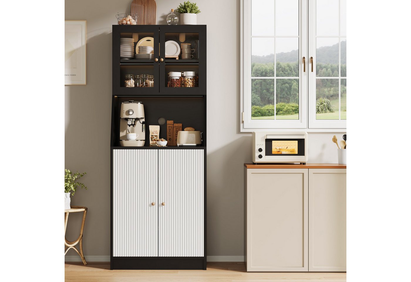 BELUPAI Küchenbuffet Hochschrank mit Glastüren and LED-Beleuchtung (Set, 1-St., Hoher Buffetschrank Weinschrank mit Verstellbaren Einlegeböden) Vorratsschrank für Küche, Wohnzimmer, Esszimmer, 180x70x40cm, Schwarz Bild 4
