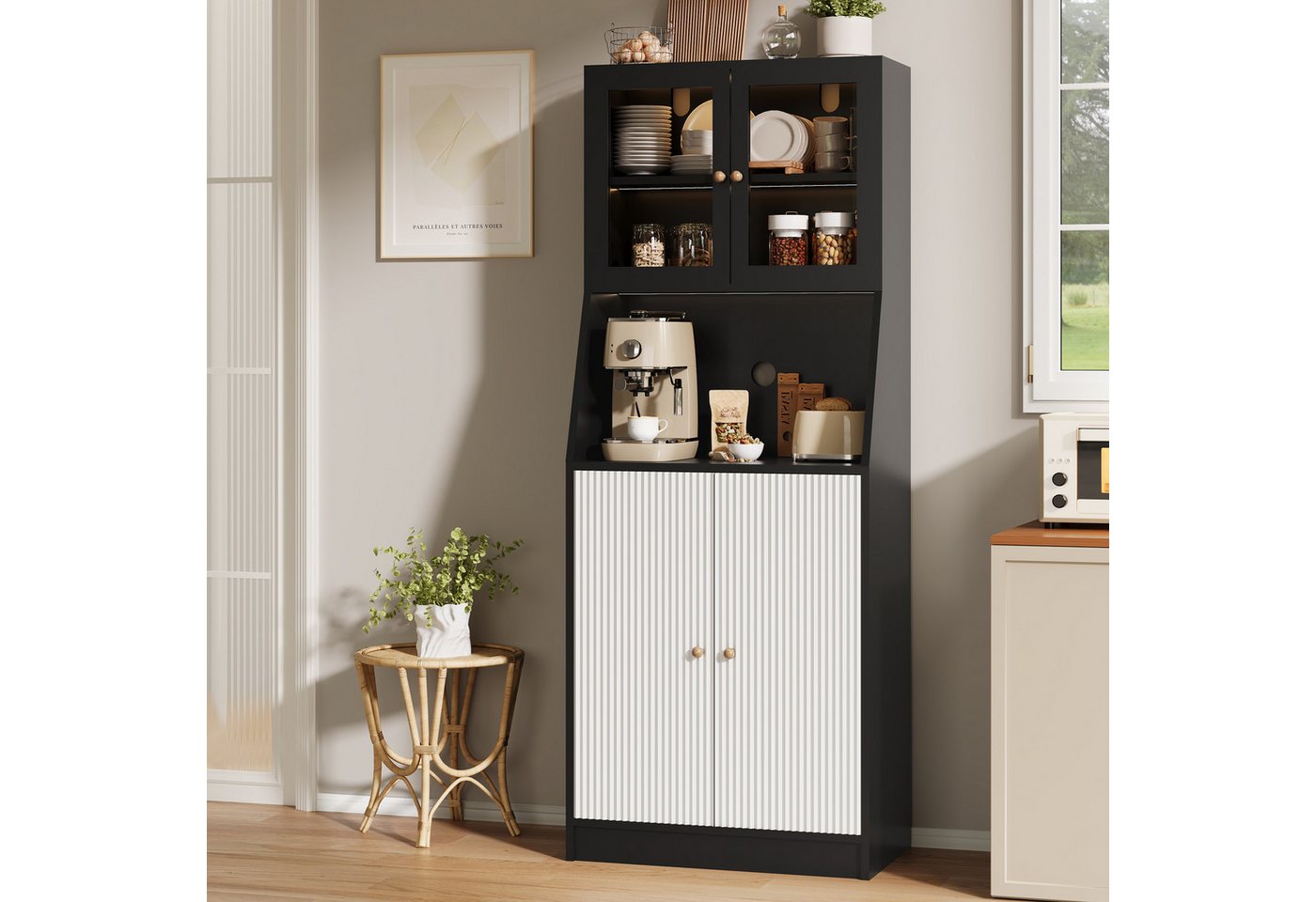 BELUPAI Küchenbuffet Hochschrank mit Glastüren and LED-Beleuchtung (Set, 1-St., Hoher Buffetschrank Weinschrank mit Verstellbaren Einlegeböden) Vorratsschrank für Küche, Wohnzimmer, Esszimmer, 180x70x40cm, Schwarz Bild 5