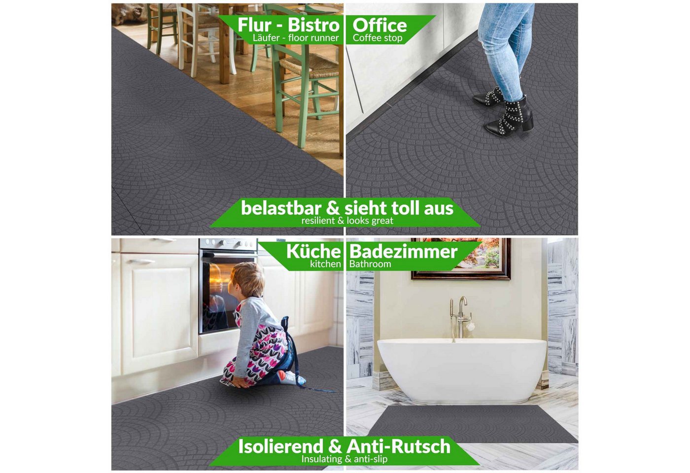 ANRO Küchenläufer Teppichläufer DAVIS Velours Läufer, Eckig, Bodenläufer 100x100cm Mosaik Anthrazit pflegeleicht