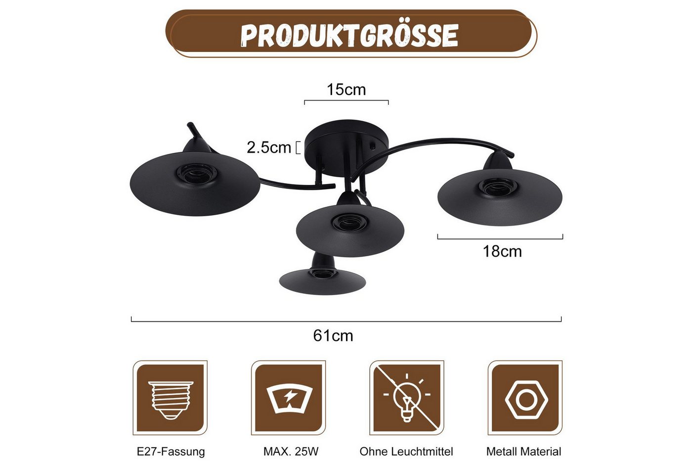 ZMH Deckenstrahler E27 Vintage Schwarz 4 Flammig Industriel Innen Schlaf Küchen modern, ohne Leuchtmittel, Deckenlamp Flur aus Eisen Strahler