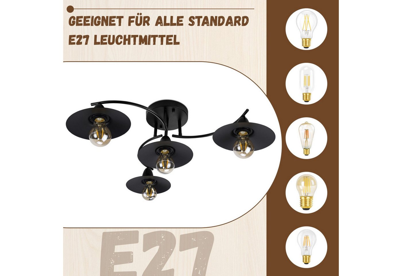 ZMH Deckenstrahler E27 Vintage Schwarz 4 Flammig Industriel Innen Schlaf Küchen modern, ohne Leuchtmittel, Deckenlamp Flur aus Eisen Strahler Bild 2