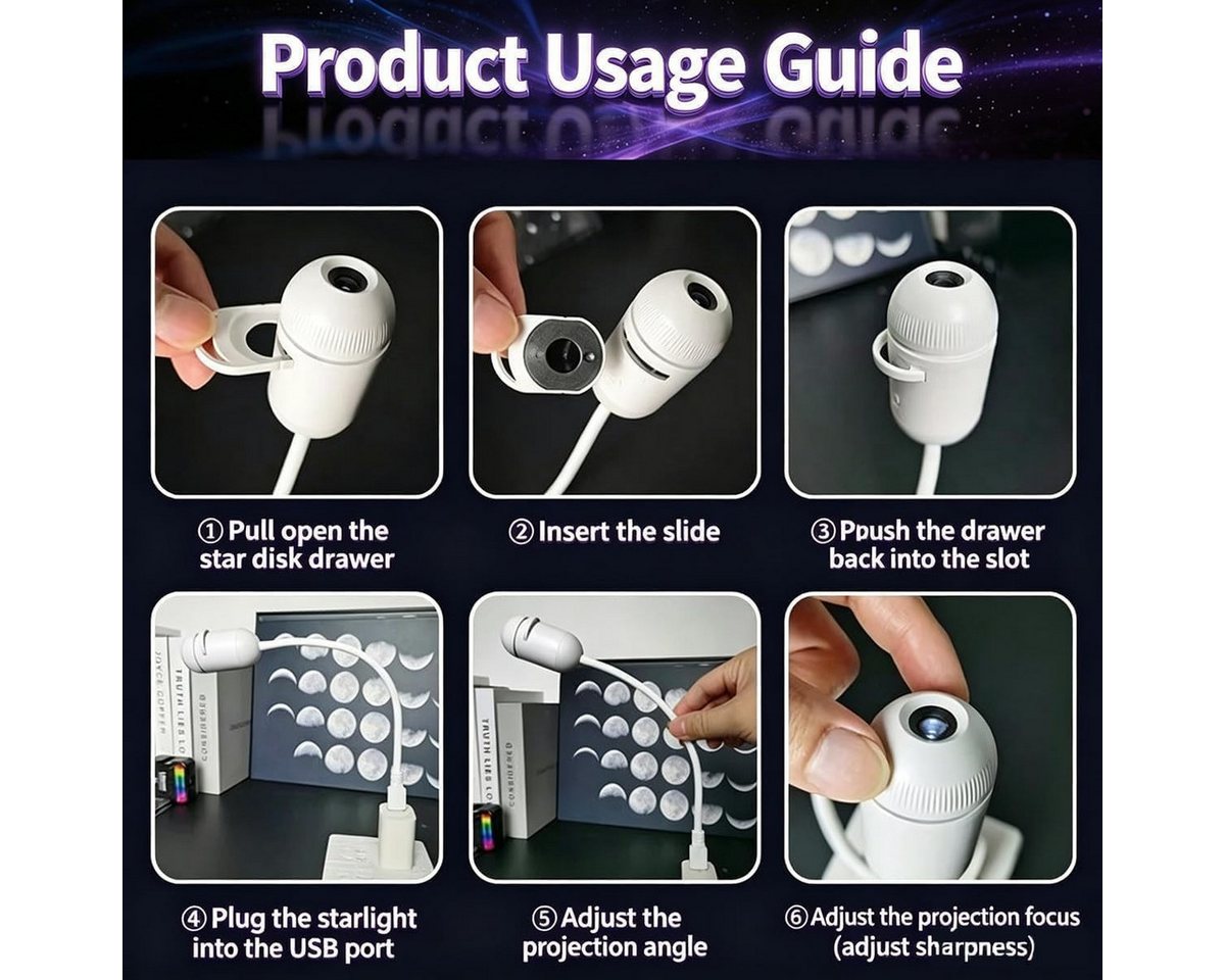 FELIXLEO LED-Sternenhimmel 5D Hologramm Sternprojektor USB Galaxie Mond Nachtlicht 3 Filme