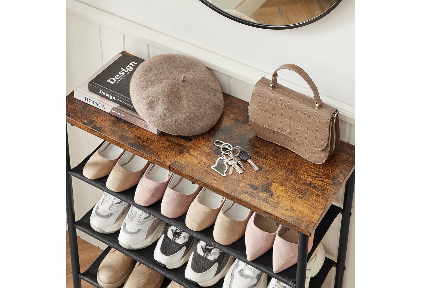 VASAGLE Schuhregal Schuhablage für Eingangsbereich, Stahl, Platzsparend, Industrie-Design, Schuhregal mit 4 Ebenen, 3 Stoffablagen, große Oberfläche für Taschen