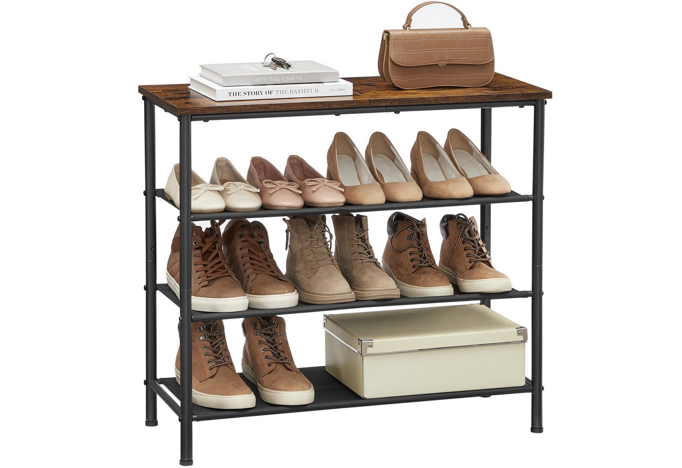 VASAGLE Schuhregal Schuhablage für Eingangsbereich, Stahl, Platzsparend, Industrie-Design, Schuhregal mit 4 Ebenen, 3 Stoffablagen, große Oberfläche für Taschen Bild 2