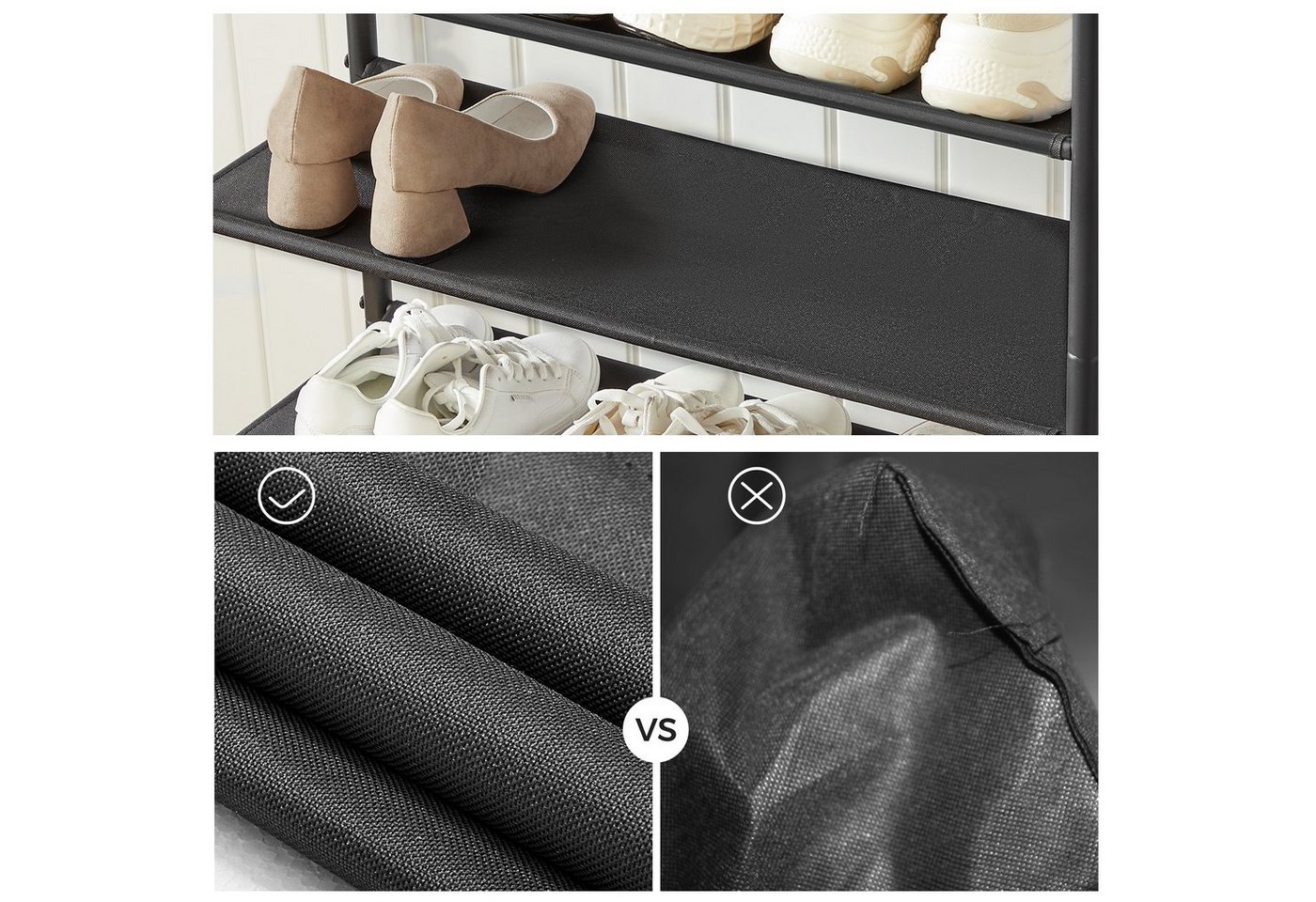 VASAGLE Schuhregal Schuhablage für Eingangsbereich, Stahl, Platzsparend, Industrie-Design, Schuhregal mit 4 Ebenen, 3 Stoffablagen, große Oberfläche für Taschen Bild 3