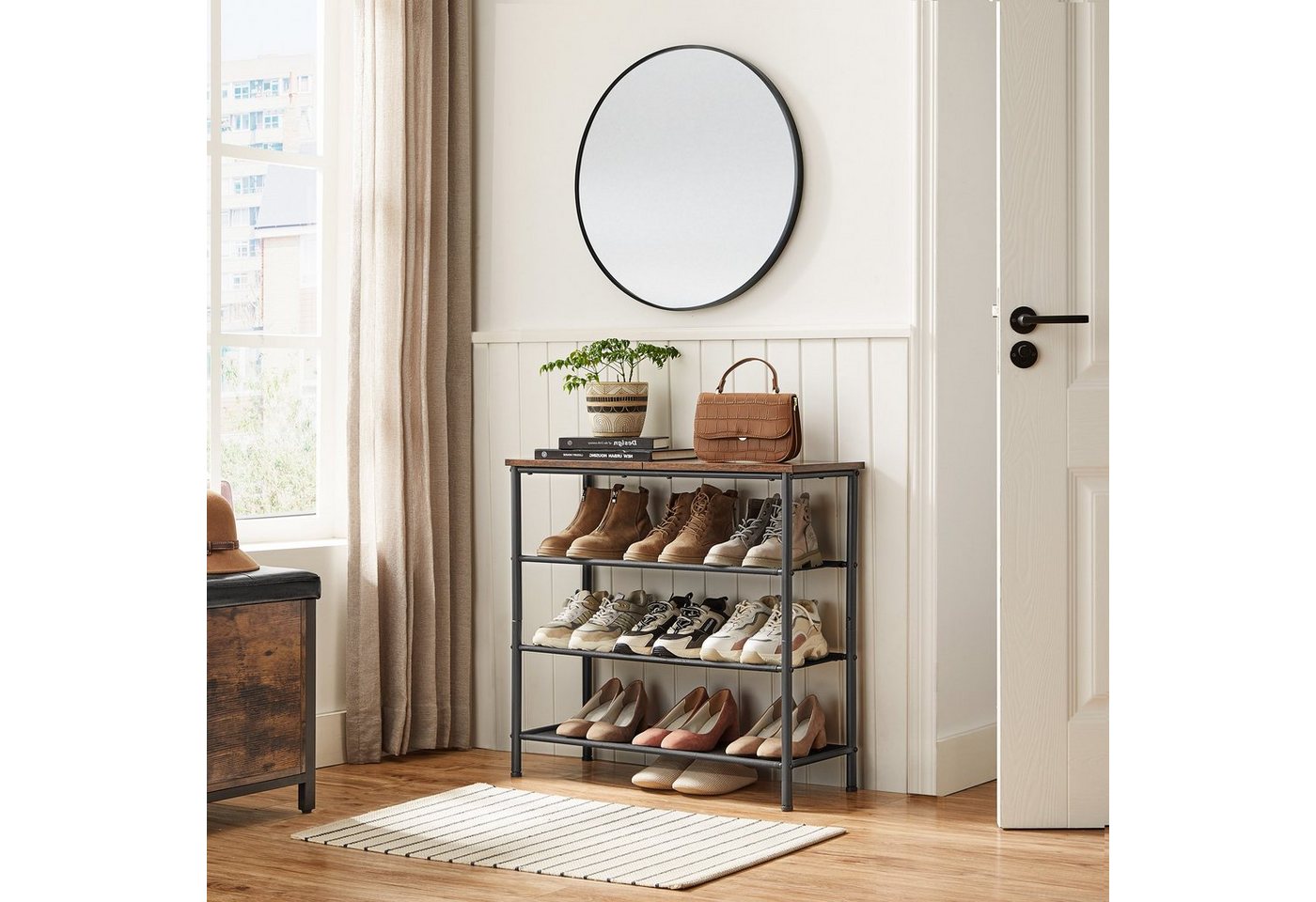 VASAGLE Schuhregal Schuhablage für Eingangsbereich, Stahl, Platzsparend, Industrie-Design, Schuhregal mit 4 Ebenen, 3 Stoffablagen, große Oberfläche für Taschen Bild 5