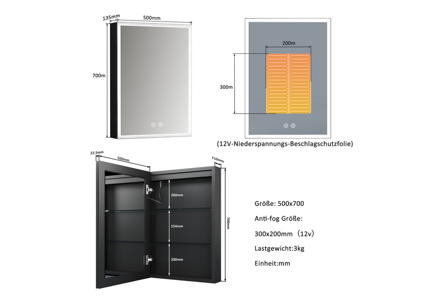 WDWRITTI Spiegelschrank Bad mit Beleuchtung Badezimmerspiegelschrank LED 50x70 40x60cm (Badezimmer Schrank Schwarz, 2Touch, Anti-fog, 3Lichtmodi, Dimmbar, Speicherfunktion, Alu-Schranktür, Doppelseitiger Spiegel) Verstellbare Glasböden, mit Netzadapter Bild 2