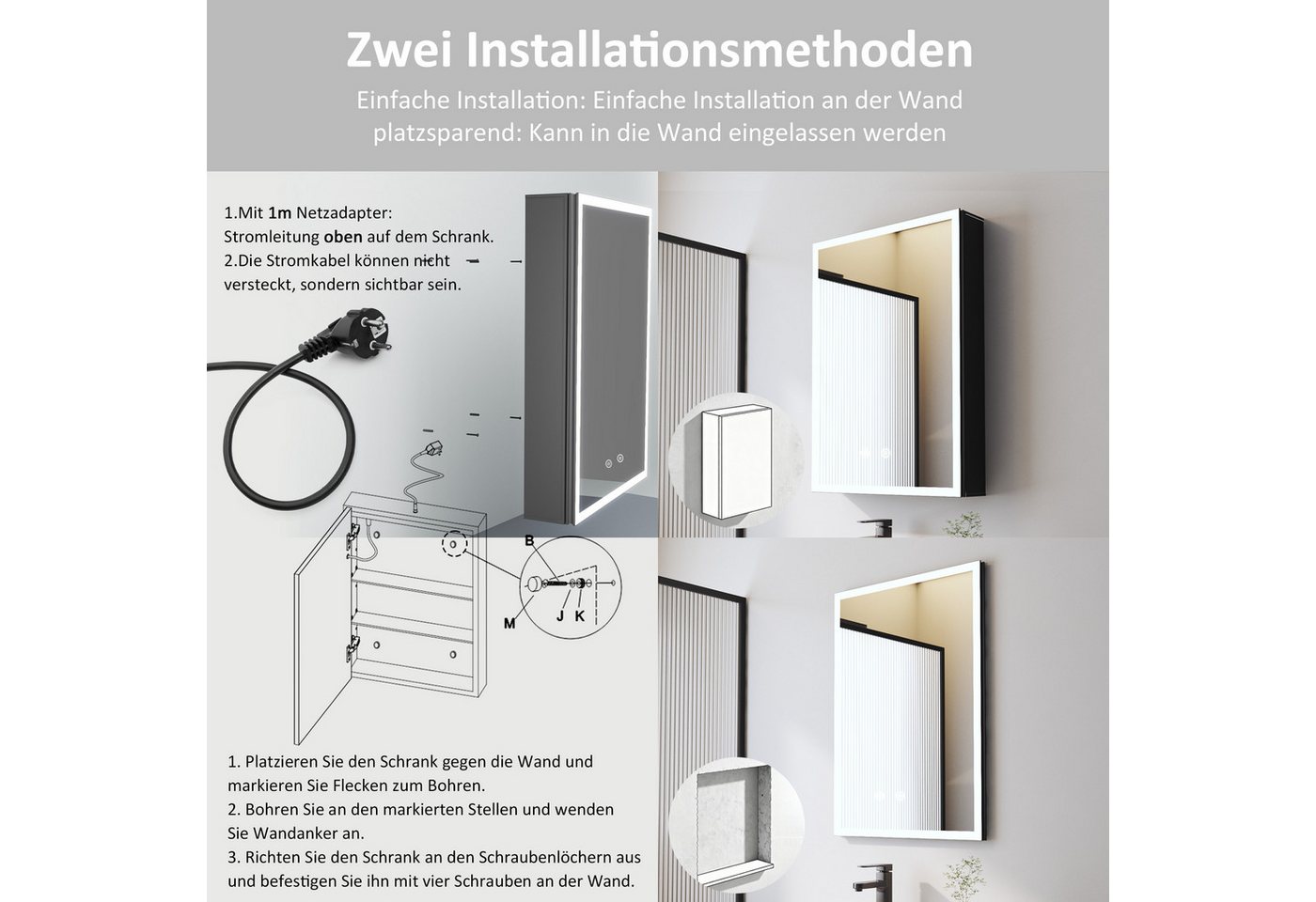WDWRITTI Spiegelschrank Bad mit Beleuchtung Badezimmerspiegelschrank LED 50x70 40x60cm (Badezimmer Schrank Schwarz, 2Touch, Anti-fog, 3Lichtmodi, Dimmbar, Speicherfunktion, Alu-Schranktür, Doppelseitiger Spiegel) Verstellbare Glasböden, mit Netzadapter Bild 3