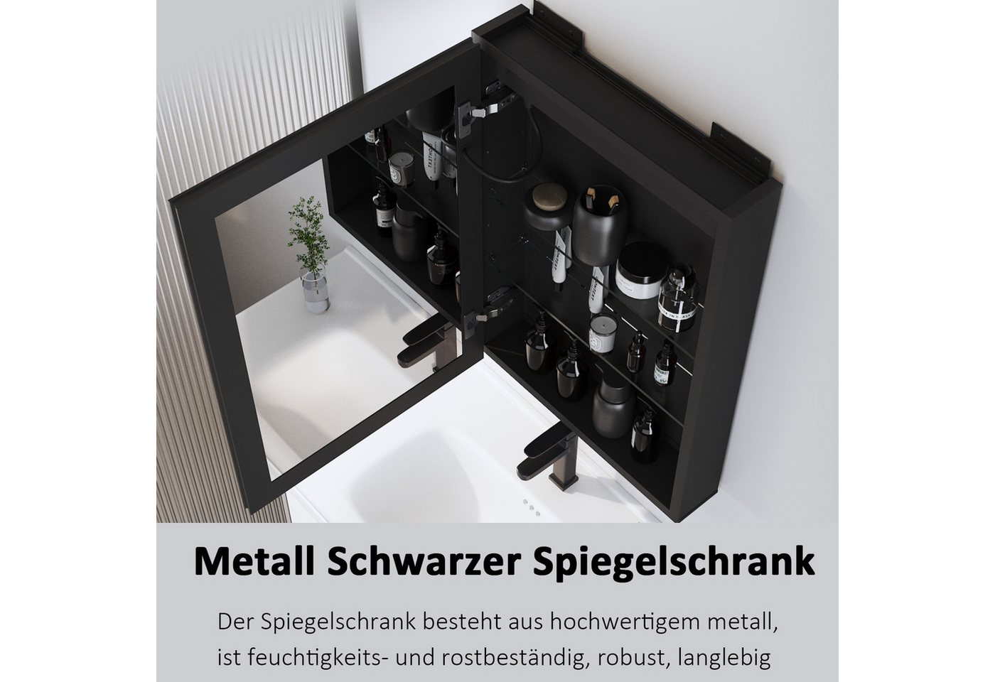 WDWRITTI Spiegelschrank Bad mit Beleuchtung Badezimmerspiegelschrank LED 50x70 40x60cm (Badezimmer Schrank Schwarz, 2Touch, Anti-fog, 3Lichtmodi, Dimmbar, Speicherfunktion, Alu-Schranktür, Doppelseitiger Spiegel) Verstellbare Glasböden, mit Netzadapter Bild 5