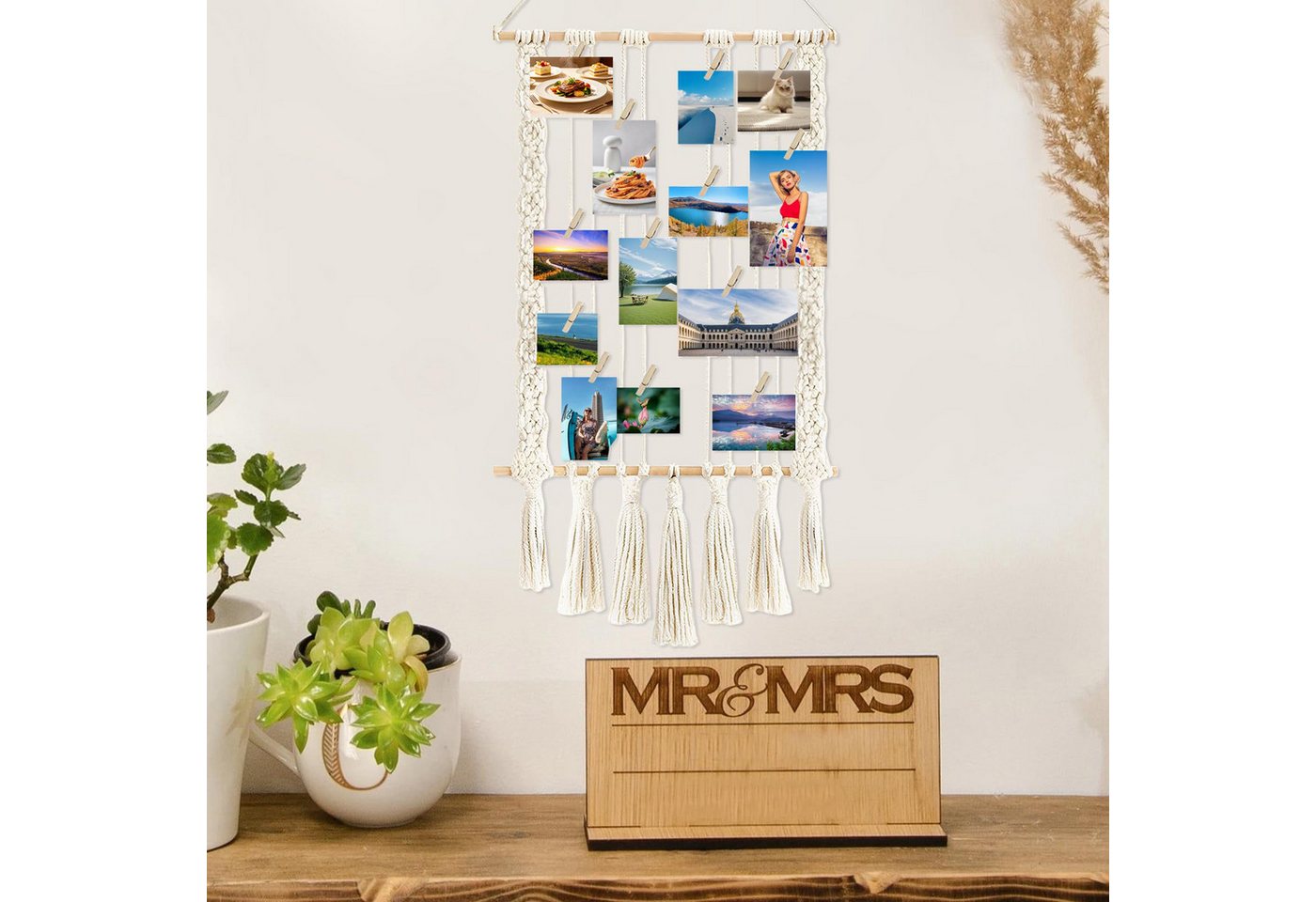 FOUORTUNATE-BEE Fotohalter Fotoleine Boho Deko mit Quasten Wanddeko für Wohnräume, (mit 30 Holzclips und 2 spurlosen Nägeln, DIY-Fotohalter für die Wand), Fotopinnwand für Fotos, Bilder und Karten