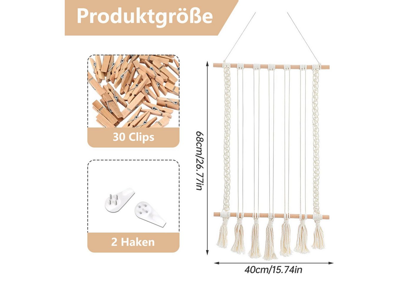 FOUORTUNATE-BEE Fotohalter Fotoleine Boho Deko mit Quasten Wanddeko für Wohnräume, (mit 30 Holzclips und 2 spurlosen Nägeln, DIY-Fotohalter für die Wand), Fotopinnwand für Fotos, Bilder und Karten Bild 2