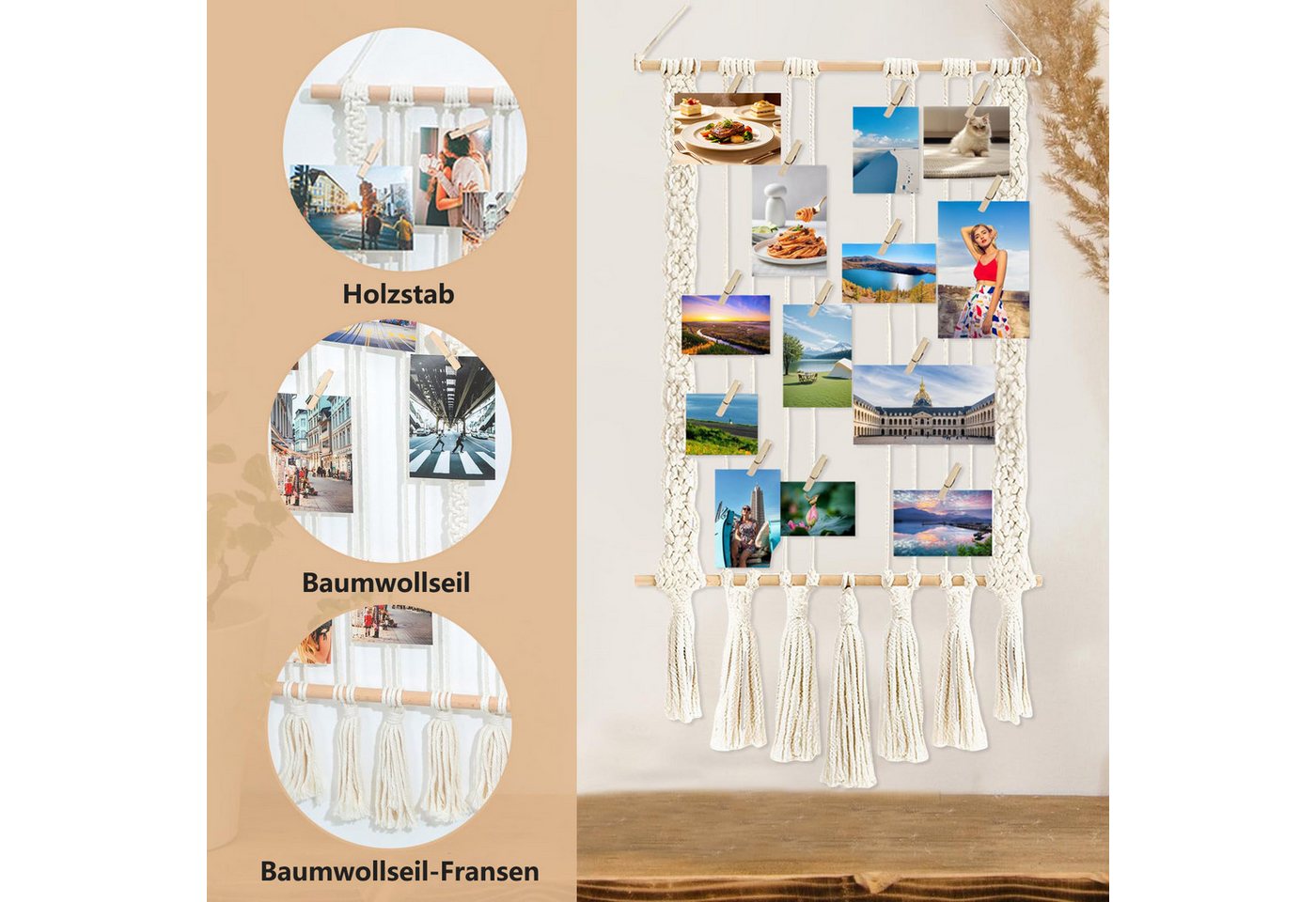 FOUORTUNATE-BEE Fotohalter Fotoleine Boho Deko mit Quasten Wanddeko für Wohnräume, (mit 30 Holzclips und 2 spurlosen Nägeln, DIY-Fotohalter für die Wand), Fotopinnwand für Fotos, Bilder und Karten Bild 3