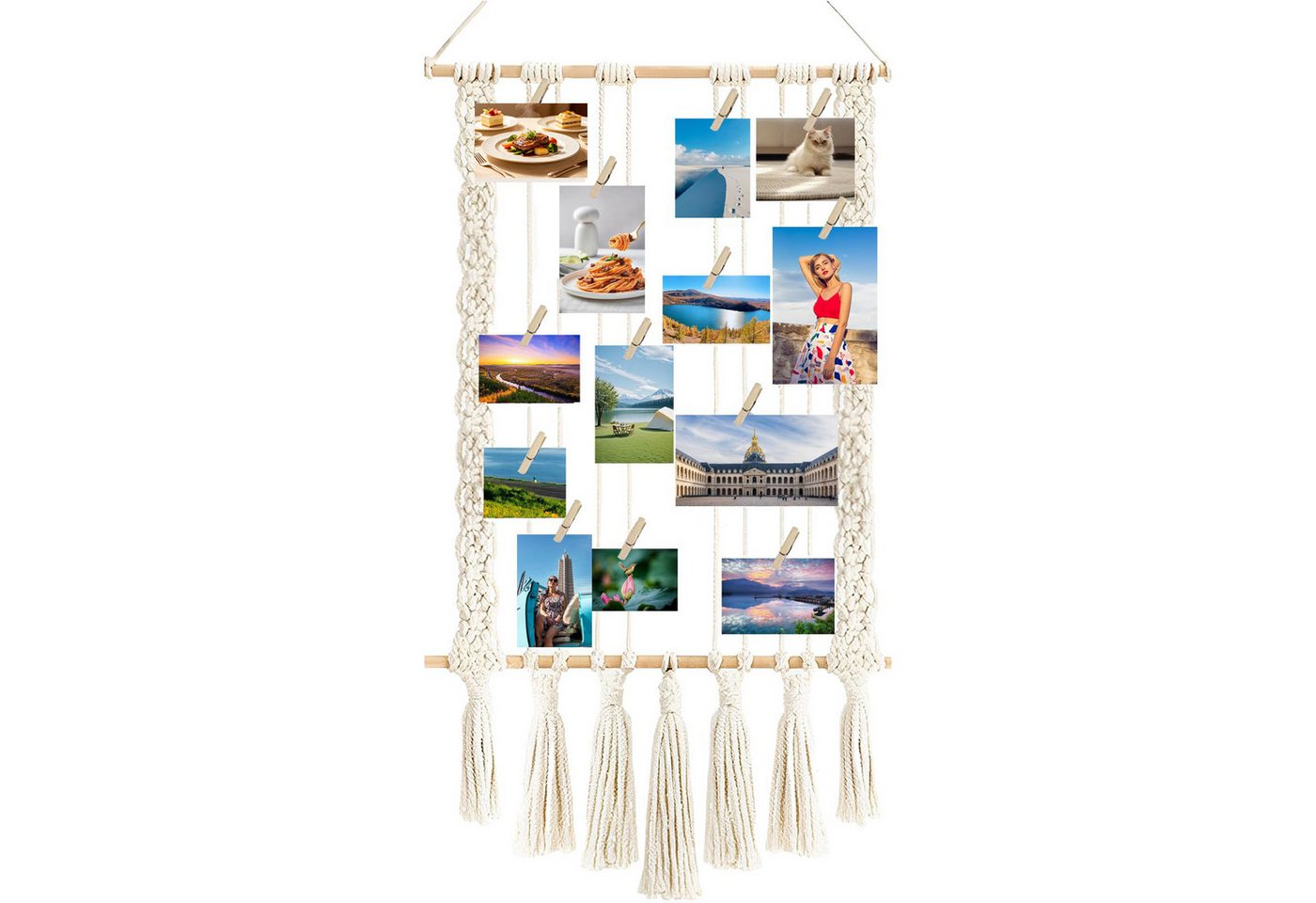 FOUORTUNATE-BEE Fotohalter Fotoleine Boho Deko mit Quasten Wanddeko für Wohnräume, (mit 30 Holzclips und 2 spurlosen Nägeln, DIY-Fotohalter für die Wand), Fotopinnwand für Fotos, Bilder und Karten Bild 4