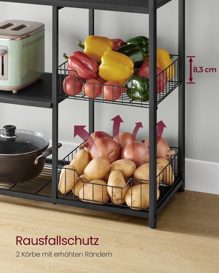 VASAGLE Küchenregal Standregal mit 2 Metallkörben, Bäckerregal mit Haken und Regalablagen, Mikrowellenregal, 35 x 80 x 95 cm