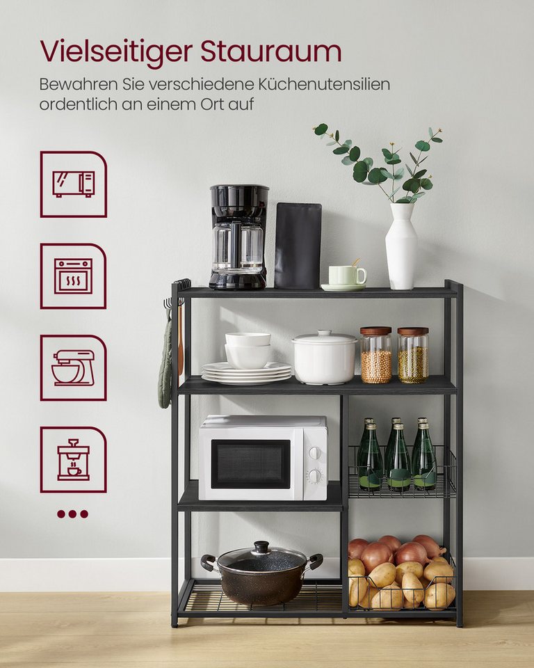 VASAGLE Küchenregal Standregal mit 2 Metallkörben, Bäckerregal mit Haken und Regalablagen, Mikrowellenregal, 35 x 80 x 95 cm Bild 4