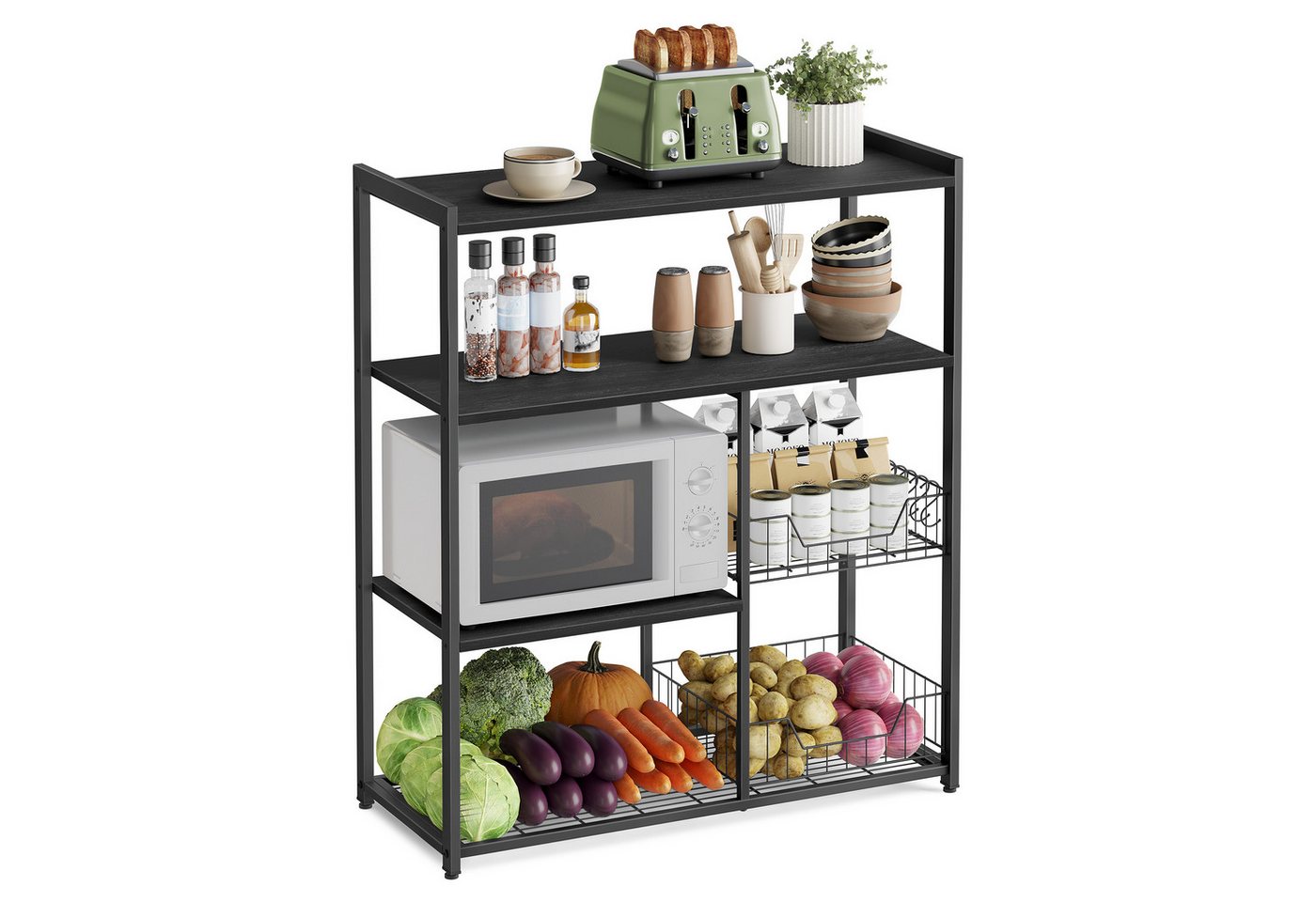 VASAGLE Küchenregal Standregal mit 2 Metallkörben, Bäckerregal mit Haken und Regalablagen, Mikrowellenregal, 35 x 80 x 95 cm Bild 5