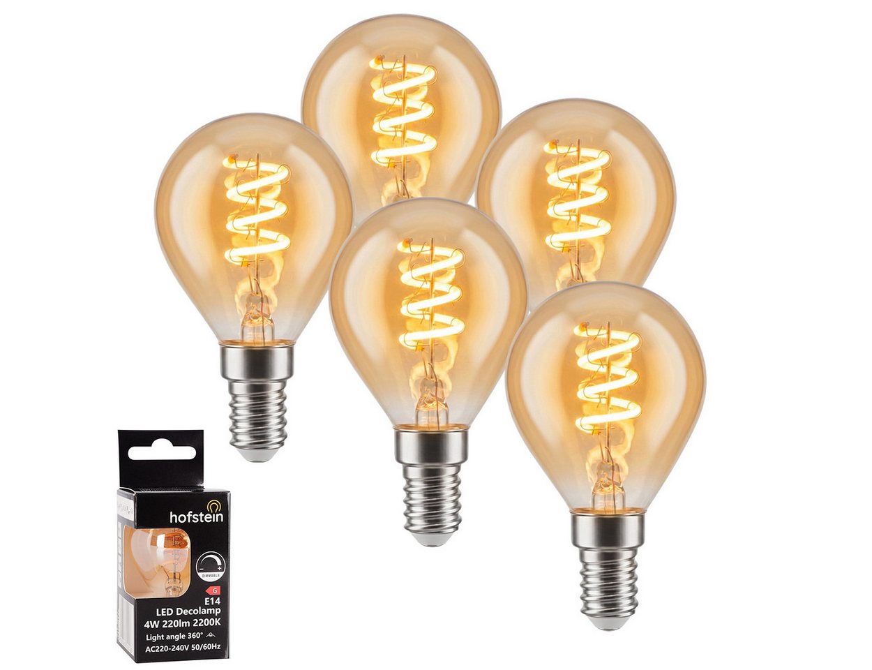 hofstein LED-Leuchtmittel 5er Set Glühbirne Extra Warmweiß dimmbar 4 Watt, E14, 2200 Kelvin, 220 Lumen, Kerze, Filament Spirale, Amber Bild 2