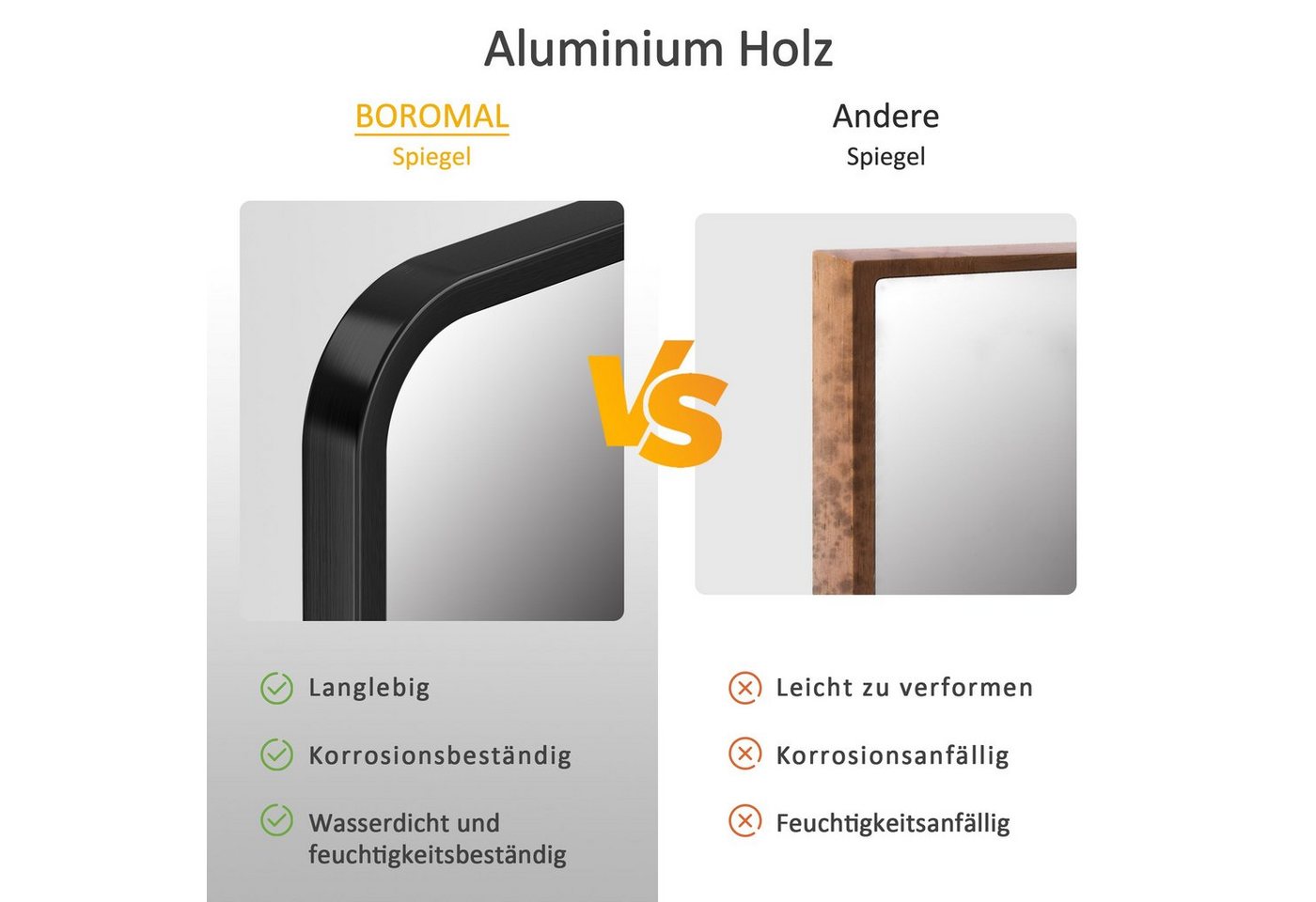 Boromal Badspiegel Spiegel Wandspiegel Schwarz 80x60 cm mit Metall Alu Rahmen (Badezimmerspiegel Rechteckig, 5mm Bleifreier Spiegel, explosionsgeschützt), Vertikal / Horizontal möglich Bild 5