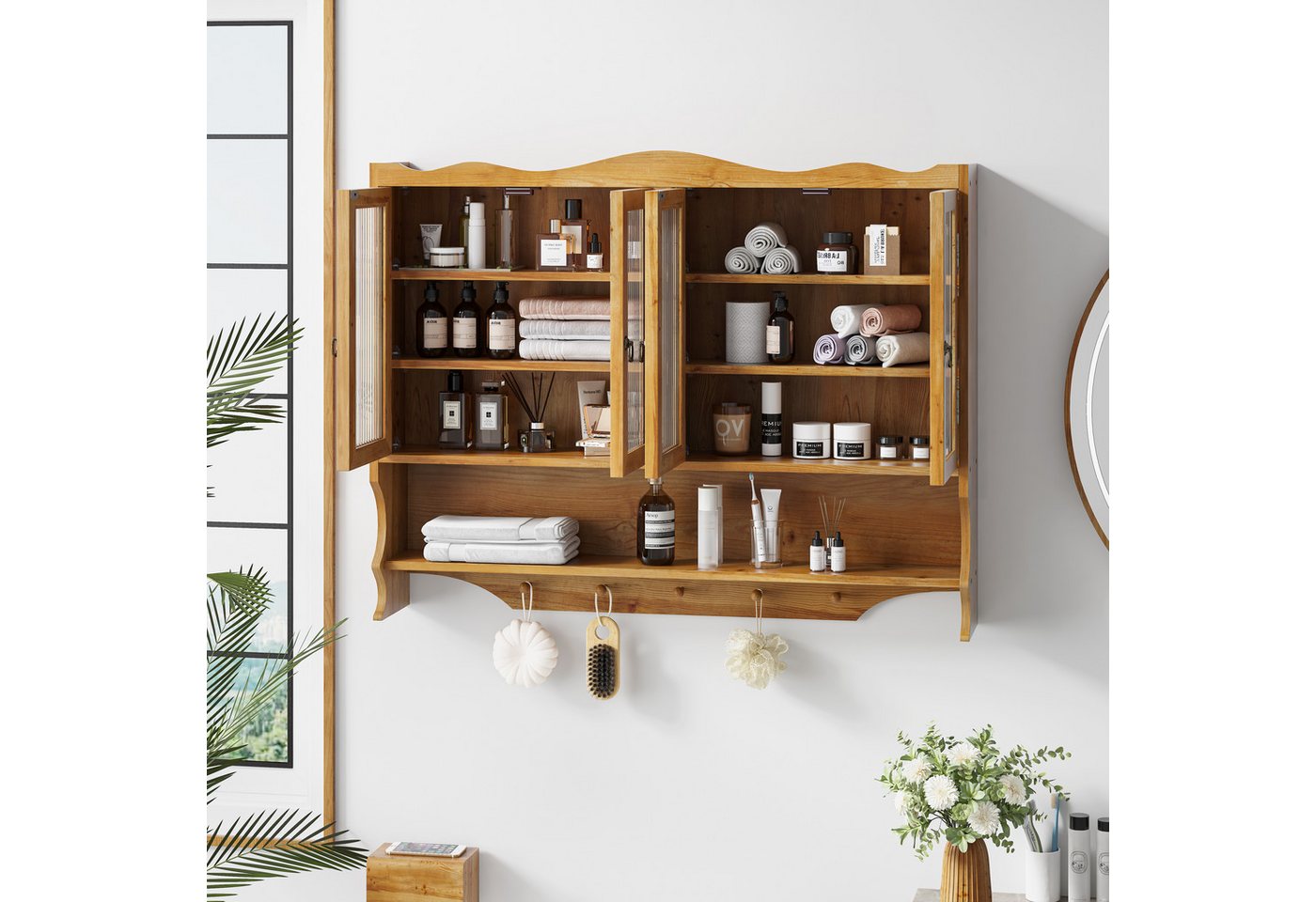 TavilaEcon Wandhängeschrank mit Glastüren & beweglichem Regal für Küche & Badezimmer, retro, 4 Drehtüren & 5 Haken, 100×20×80cm, Natur Bild 2