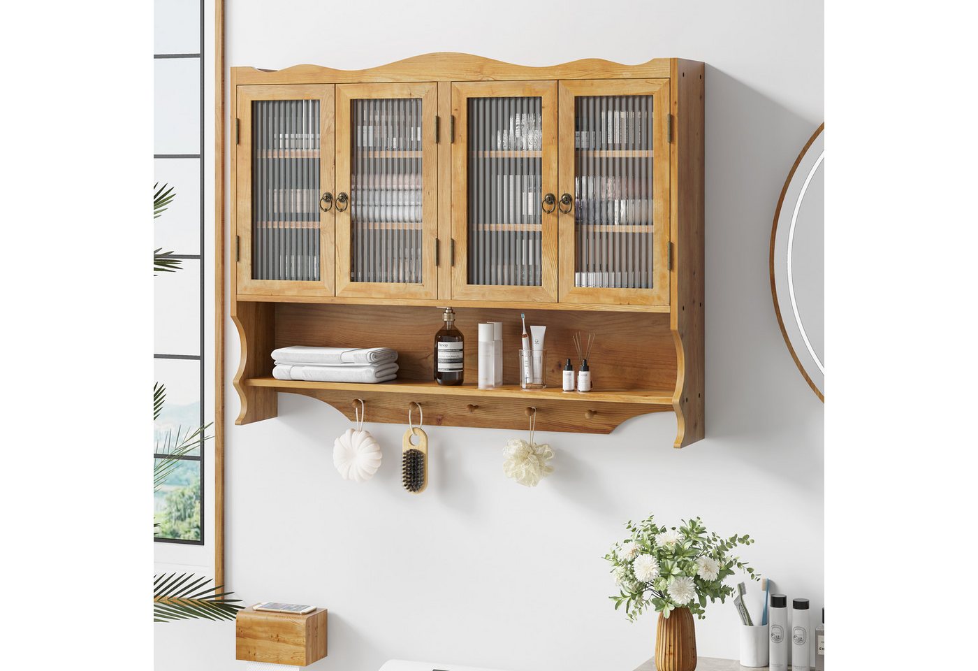 TavilaEcon Wandhängeschrank mit Glastüren & beweglichem Regal für Küche & Badezimmer, retro, 4 Drehtüren & 5 Haken, 100×20×80cm, Natur Bild 3