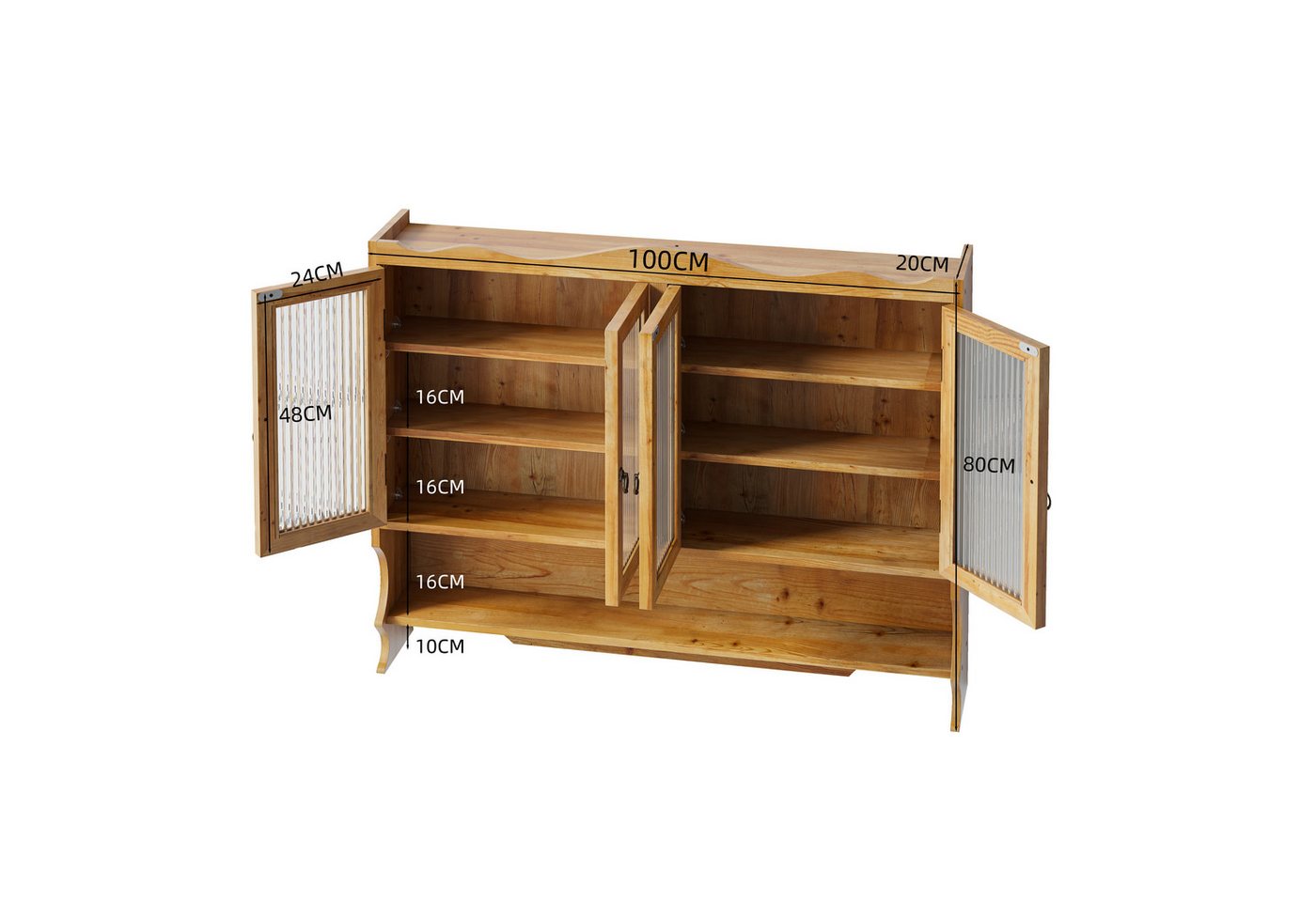 TavilaEcon Wandhängeschrank mit Glastüren & beweglichem Regal für Küche & Badezimmer, retro, 4 Drehtüren & 5 Haken, 100×20×80cm, Natur Bild 4