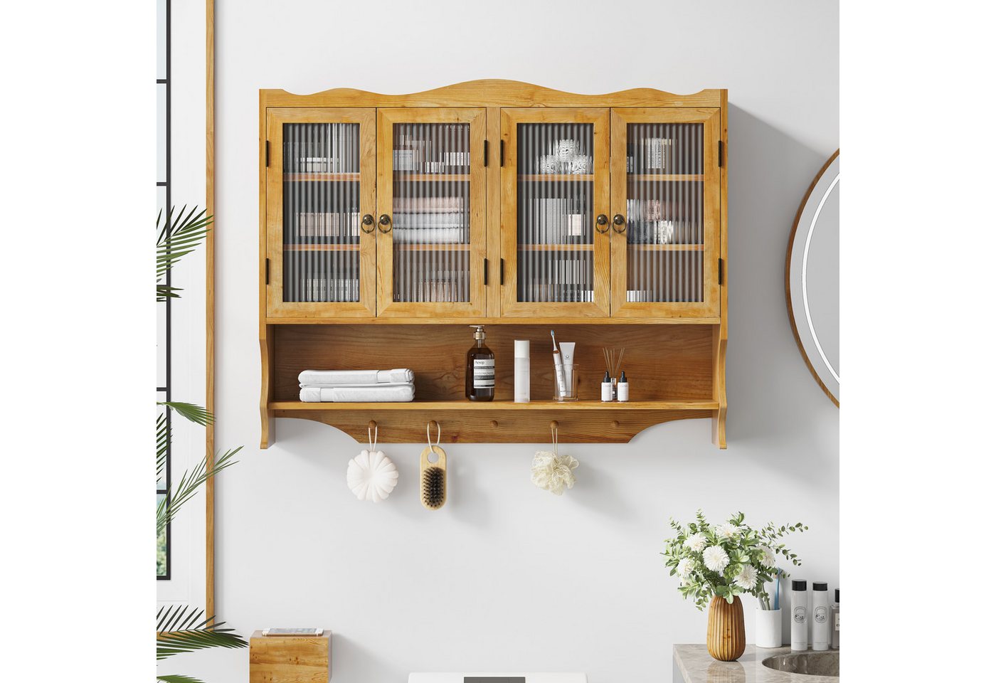 TavilaEcon Wandhängeschrank mit Glastüren & beweglichem Regal für Küche & Badezimmer, retro, 4 Drehtüren & 5 Haken, 100×20×80cm, Natur Bild 5