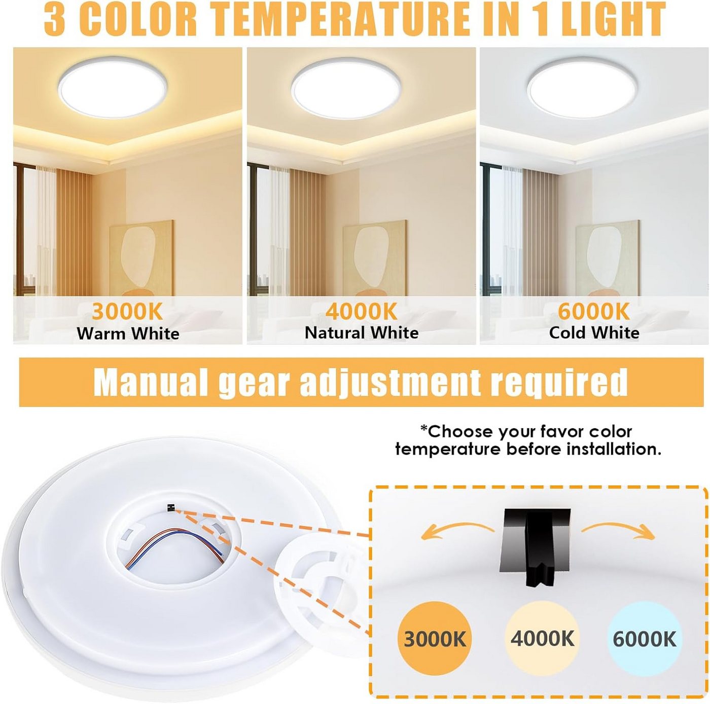 POPOLIC LED Deckenleuchte 24W 6000K/4000K/3000K, Deckenlampe 3 Farbtemperatur 3200LM IP54, Rund Flach Modern Schlafzimmer Lampe Ø30cm Bild 2