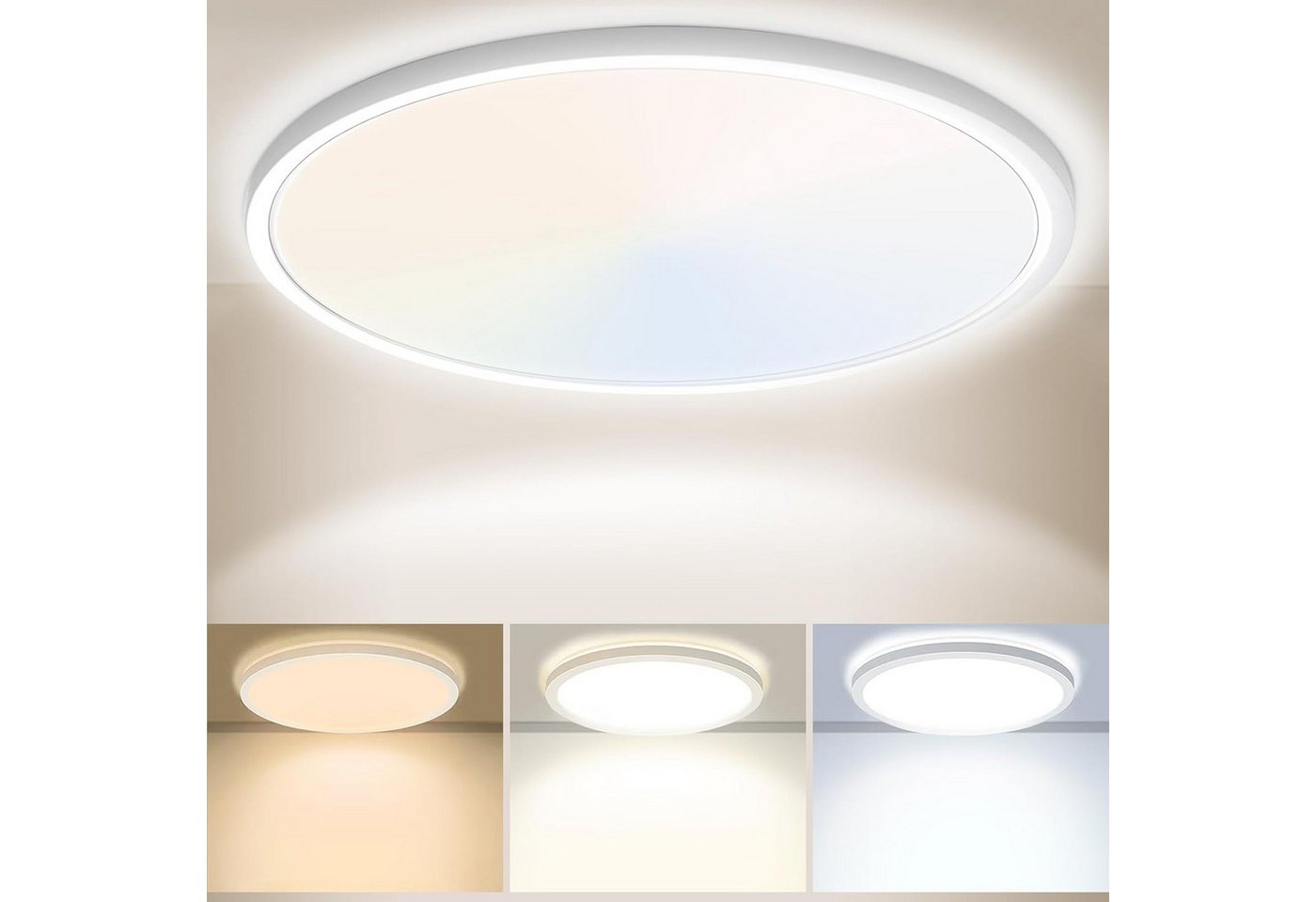 POPOLIC LED Deckenleuchte 24W 6000K/4000K/3000K, Deckenlampe 3 Farbtemperatur 3200LM IP54, Rund Flach Modern Schlafzimmer Lampe Ø30cm Bild 3