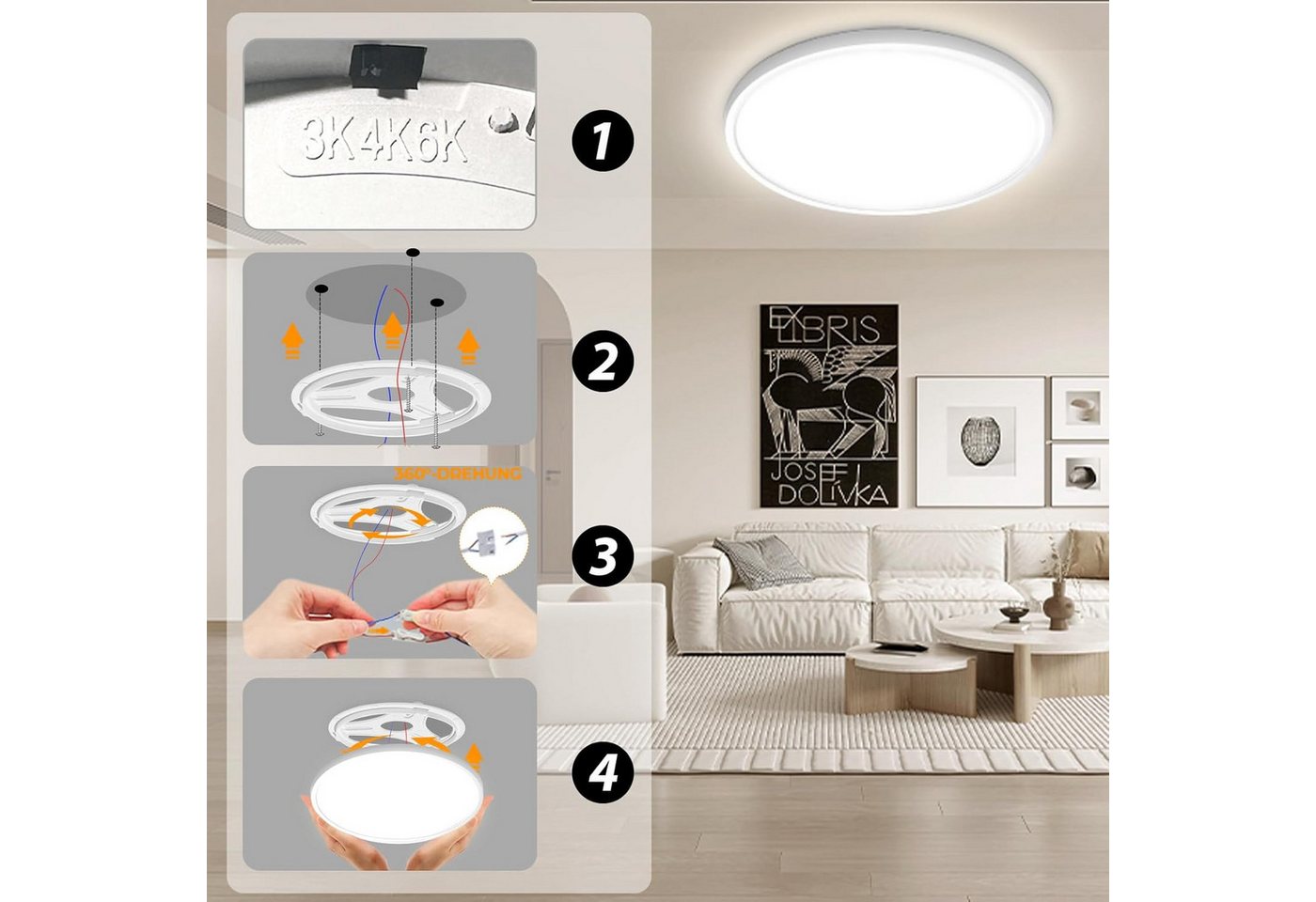 POPOLIC LED Deckenleuchte 24W 6000K/4000K/3000K, Deckenlampe 3 Farbtemperatur 3200LM IP54, Rund Flach Modern Schlafzimmer Lampe Ø30cm Bild 5