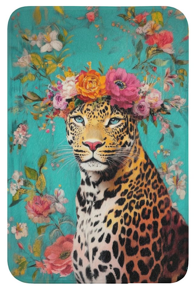 OnlyWow WC-Vorleger Leopard - Blumen - Krone, Höhe 10 mm, Polyester, Rechteckig, WC Teppich, Toilettenvorleger, Toilettenteppich, Badematte 40x60 cm