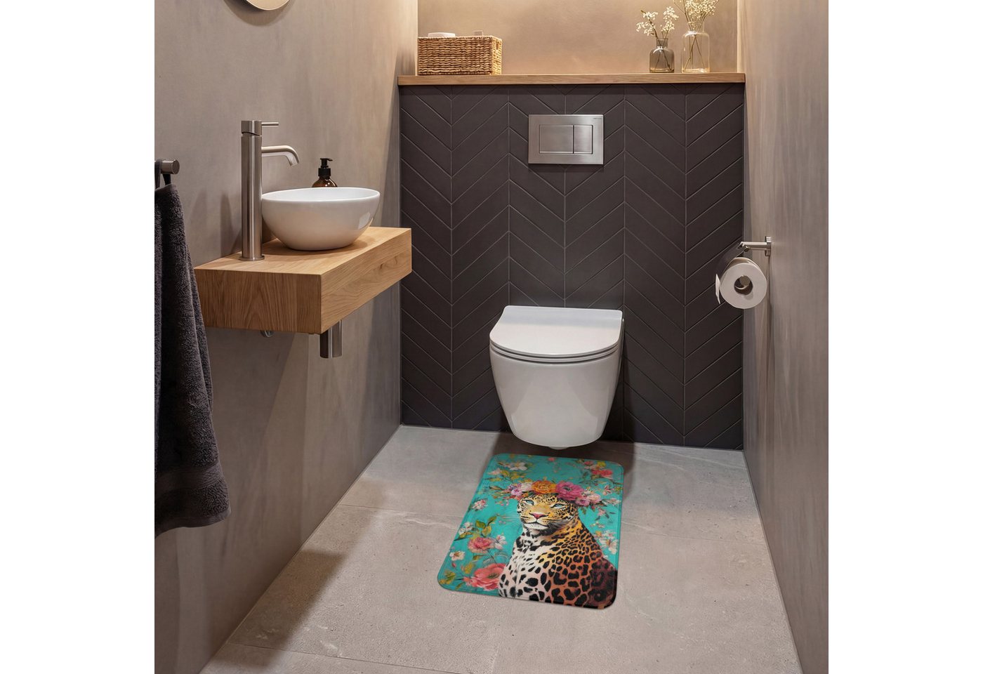OnlyWow WC-Vorleger Leopard - Blumen - Krone, Höhe 10 mm, Polyester, Rechteckig, WC Teppich, Toilettenvorleger, Toilettenteppich, Badematte 40x60 cm Bild 2
