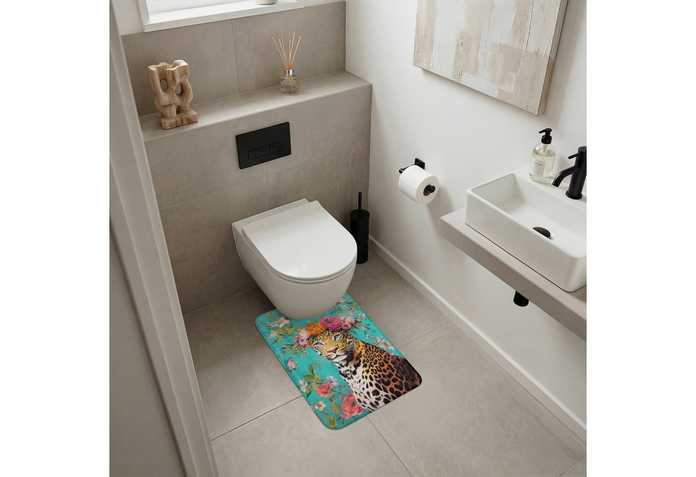 OnlyWow WC-Vorleger Leopard - Blumen - Krone, Höhe 10 mm, Polyester, Rechteckig, WC Teppich, Toilettenvorleger, Toilettenteppich, Badematte 40x60 cm Bild 3