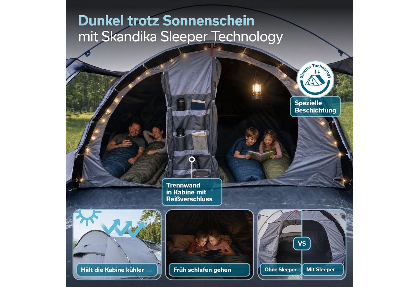 Skandika Tunnelzelt Falkenberg Sleeper Protect, Großes Familienzelt für 6 Personen, Personen: 6 (wasserdicht, 2m Stehhöhe, 670 x 390 x 200 cm, UV-Schutz: UPF 50), eingenähter Zeltboden, schwarze Schlafkabine, 3.000 mm Wassersäule