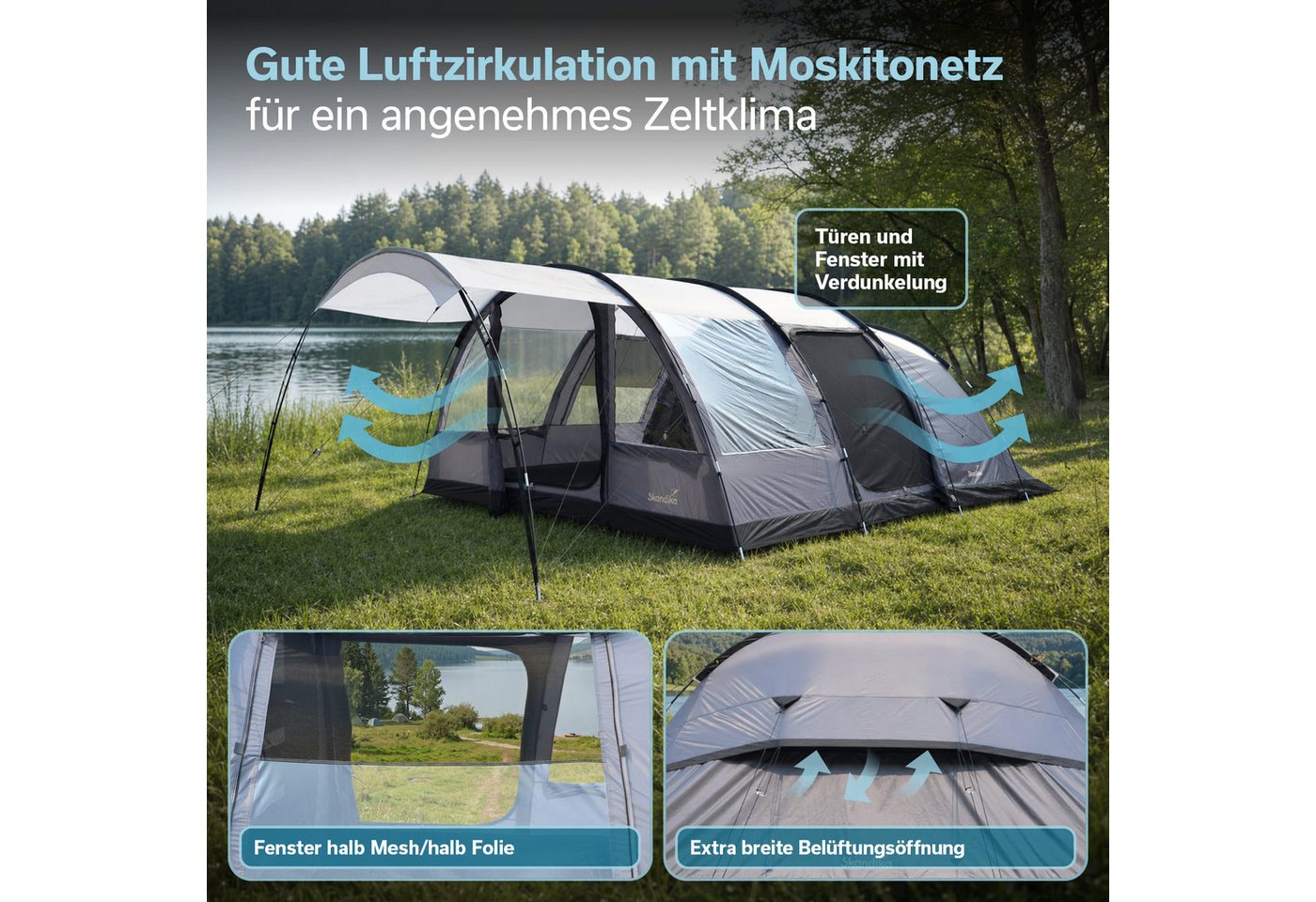 Skandika Tunnelzelt Falkenberg Sleeper Protect, Großes Familienzelt für 6 Personen, Personen: 6 (wasserdicht, 2m Stehhöhe, 670 x 390 x 200 cm, UV-Schutz: UPF 50), eingenähter Zeltboden, schwarze Schlafkabine, 3.000 mm Wassersäule Bild 3